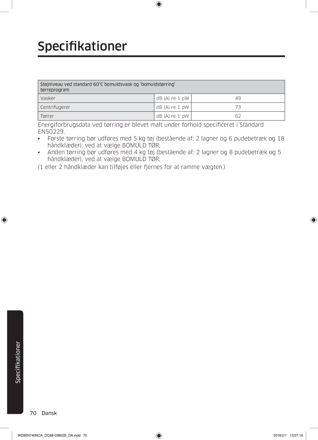 Samsung WD90N740NOA/EE manual Specifikationer 