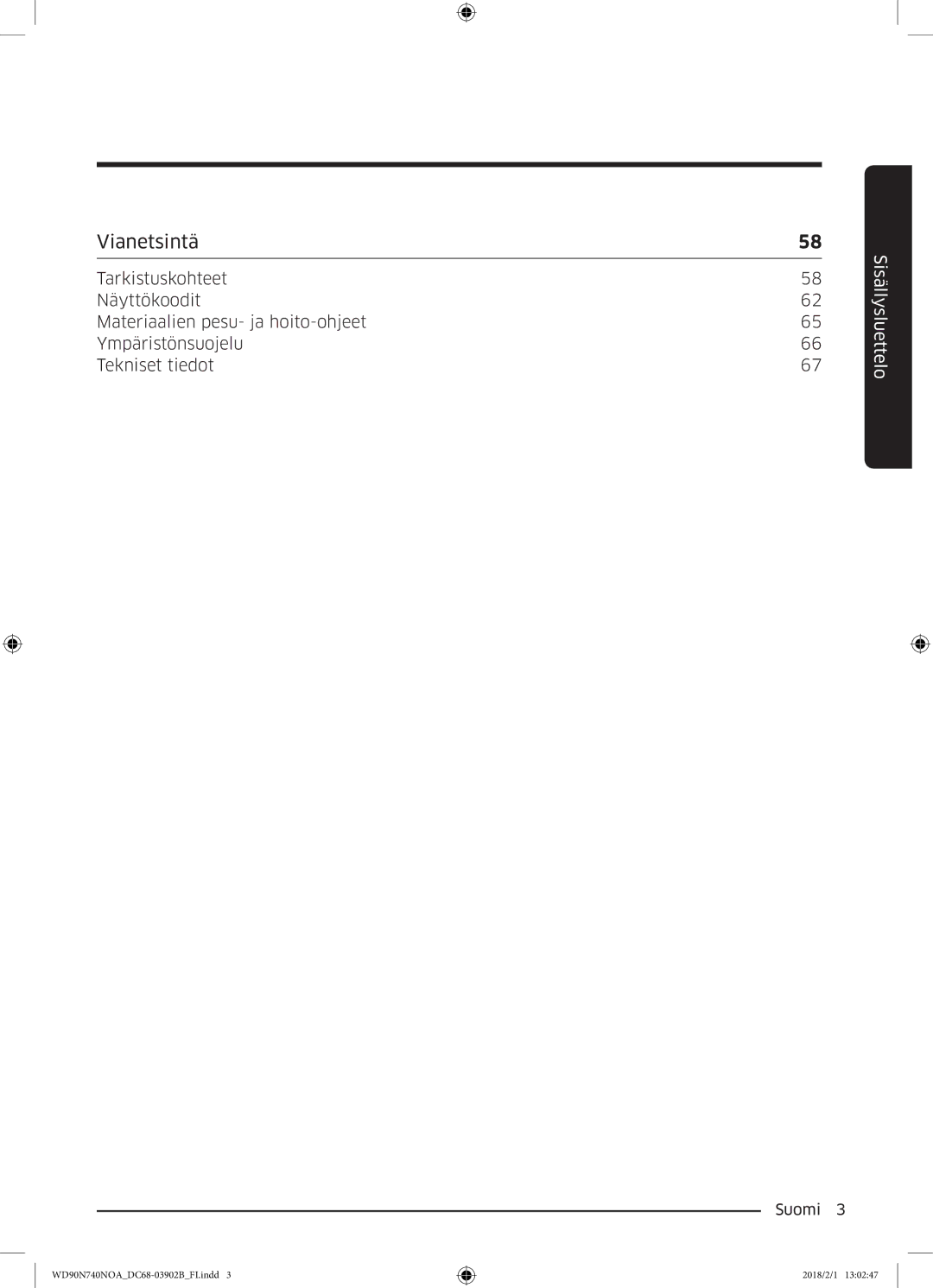 Samsung WD90N740NOA/EE manual Vianetsintä 