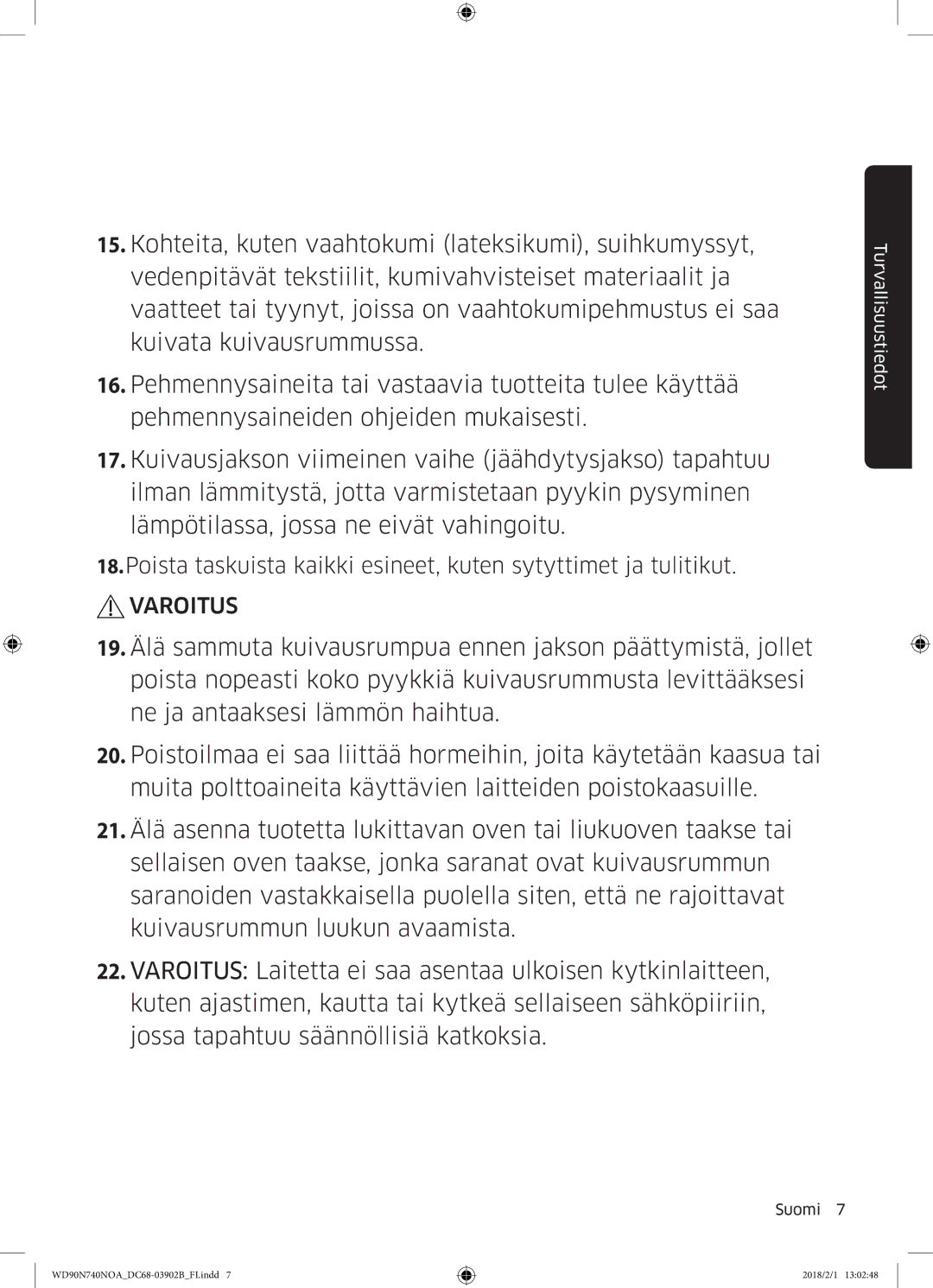 Samsung WD90N740NOA/EE manual Varoitus 