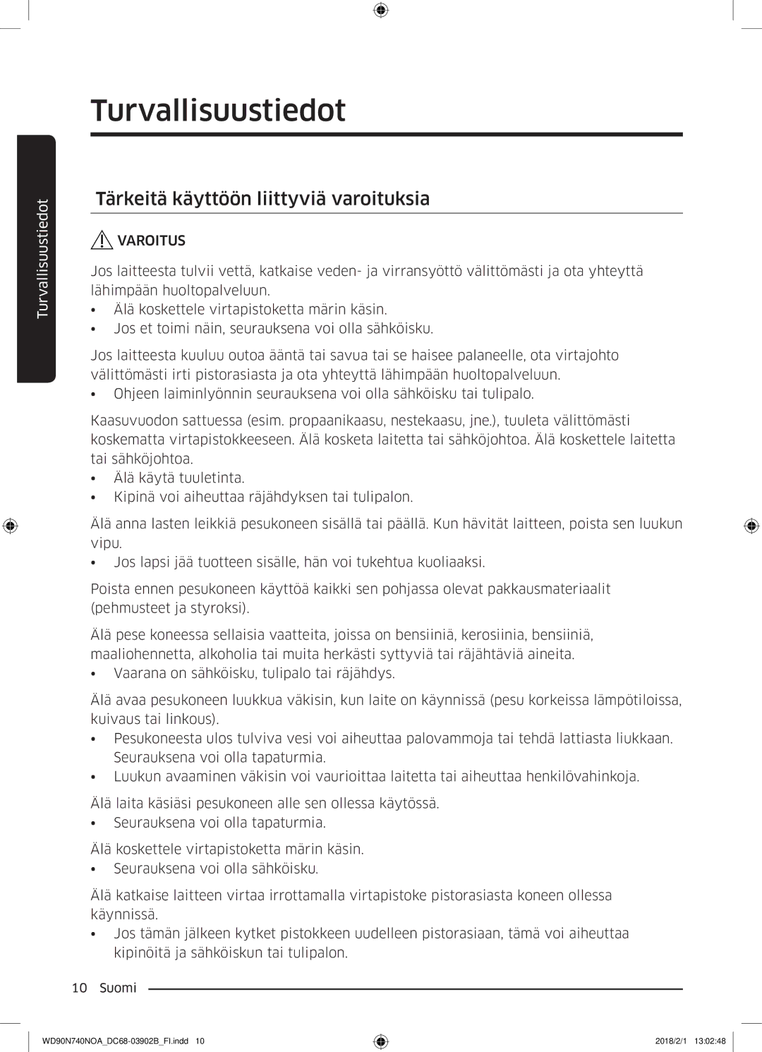 Samsung WD90N740NOA/EE manual Tärkeitä käyttöön liittyviä varoituksia 