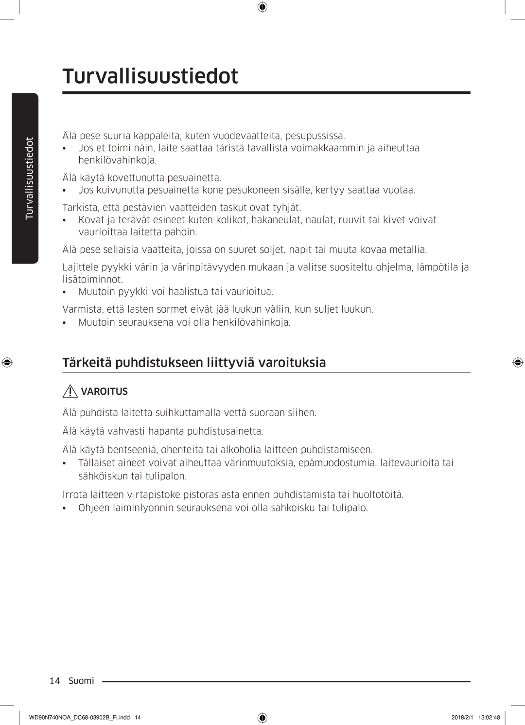 Samsung WD90N740NOA/EE manual Tärkeitä puhdistukseen liittyviä varoituksia, Varoitus 