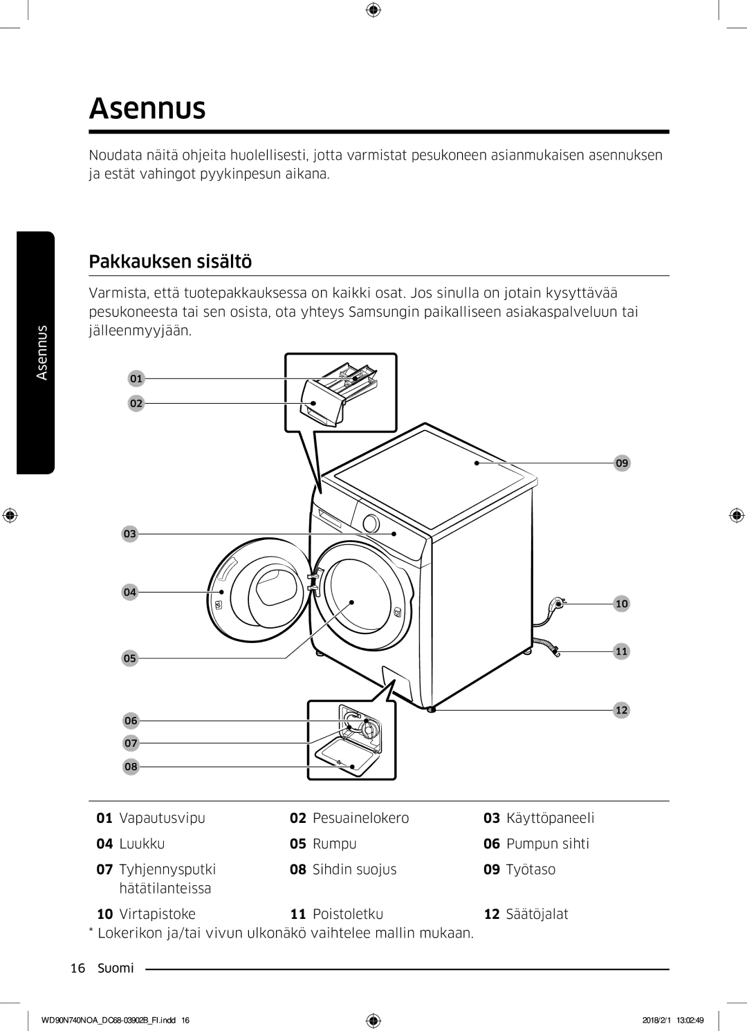 Samsung WD90N740NOA/EE manual Asennus, Pakkauksen sisältö 