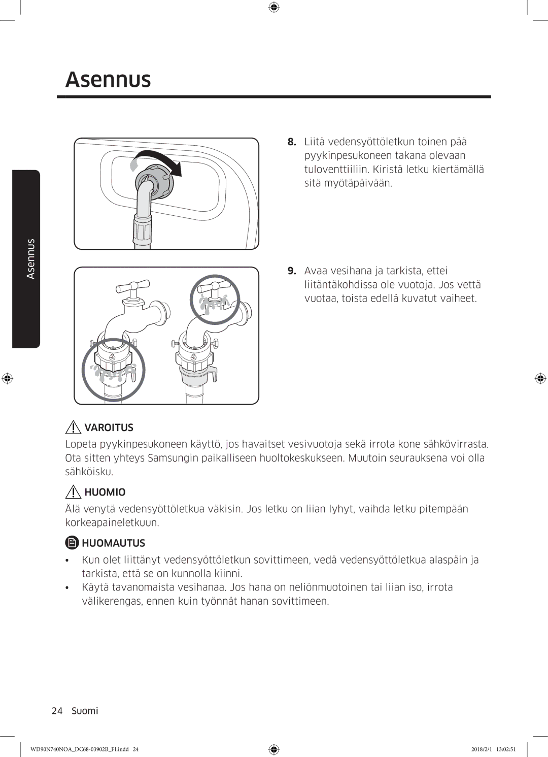 Samsung WD90N740NOA/EE manual Varoitus 