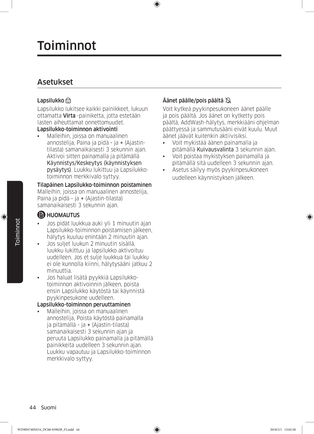 Samsung WD90N740NOA/EE manual Asetukset 