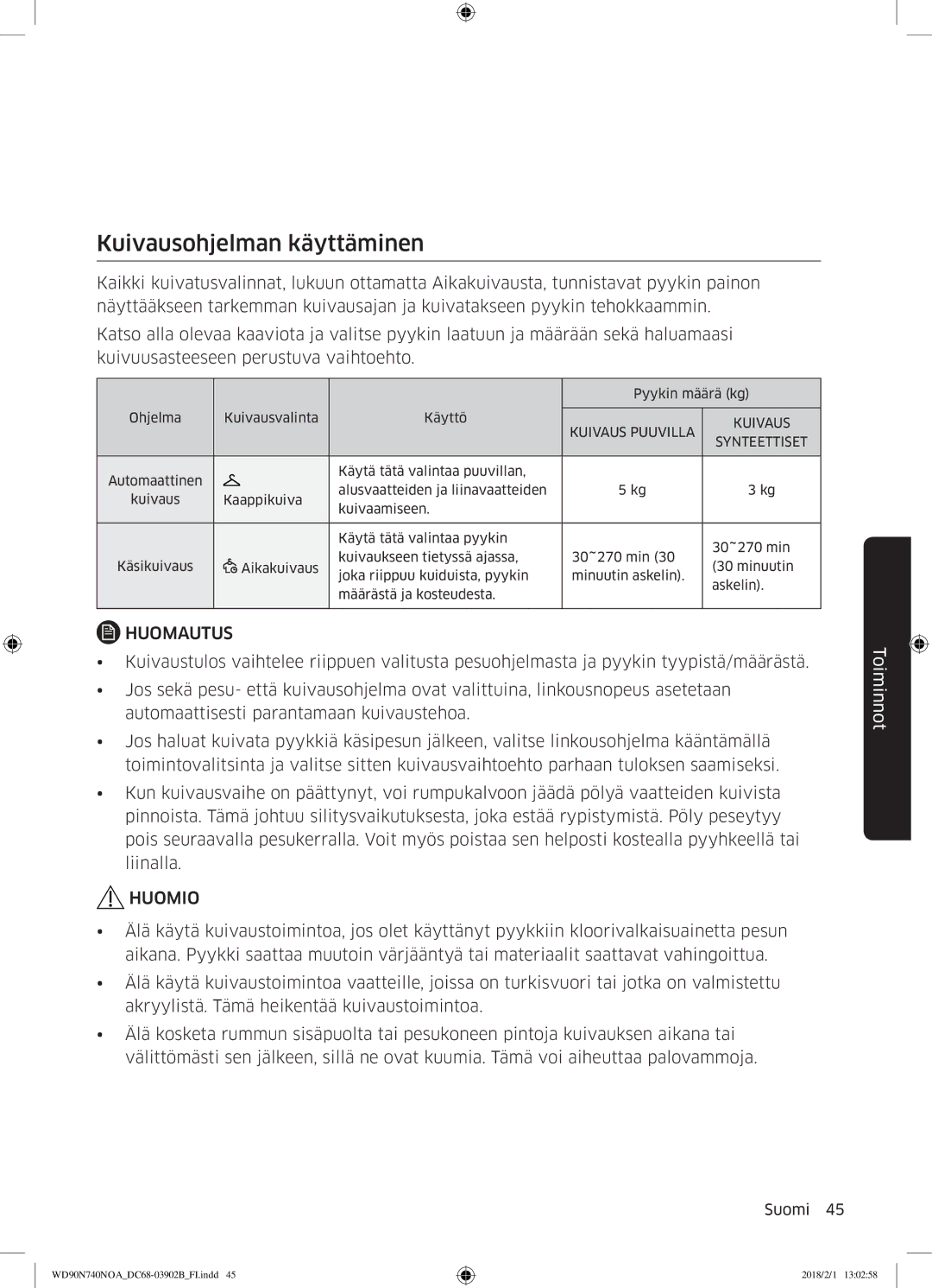 Samsung WD90N740NOA/EE manual Kuivausohjelman käyttäminen, Kuivaus Puuvilla Synteettiset 