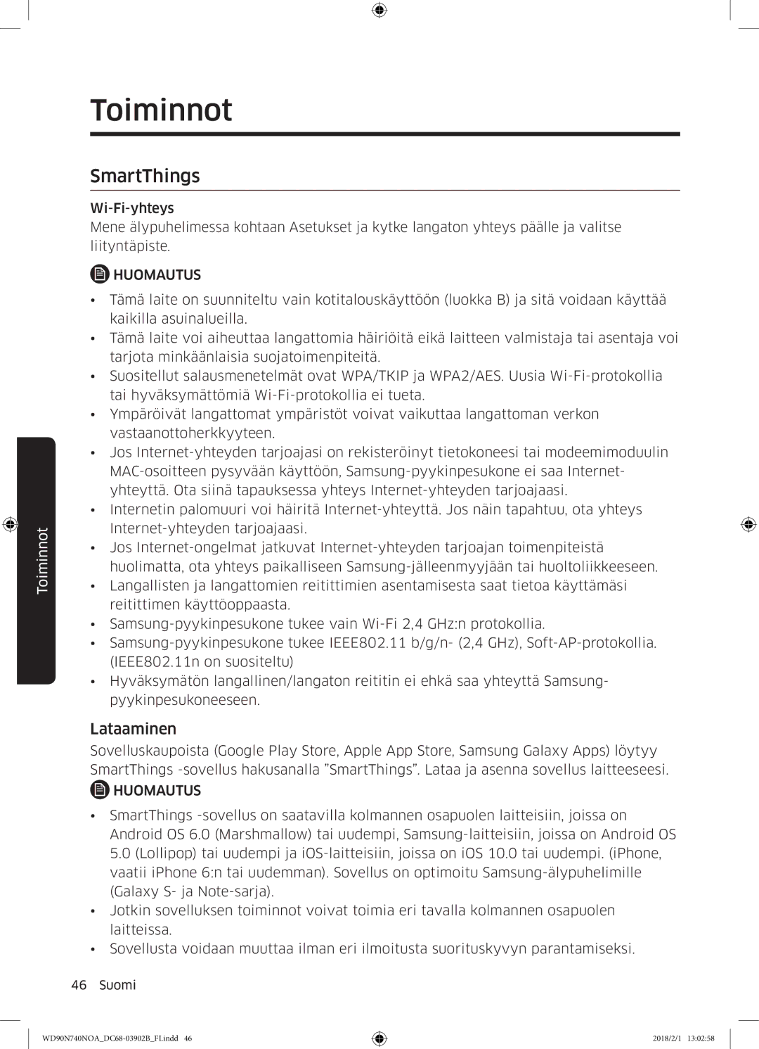 Samsung WD90N740NOA/EE manual SmartThings, Lataaminen 