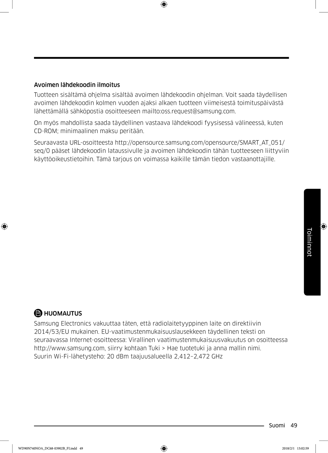 Samsung WD90N740NOA/EE manual Huomautus 