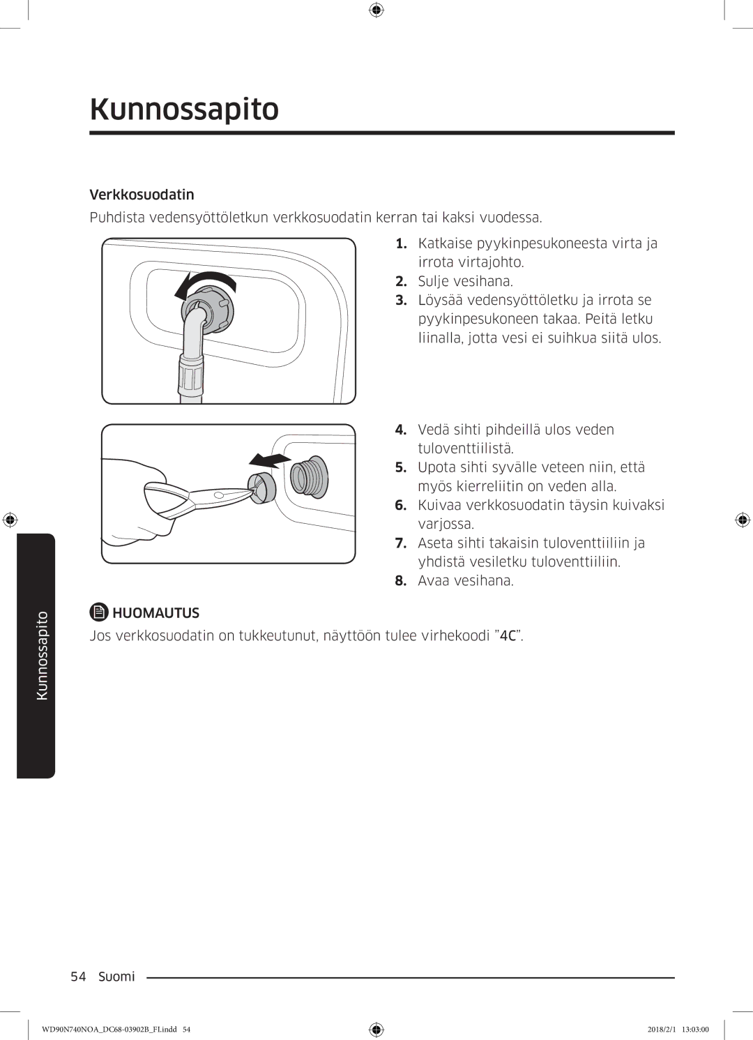 Samsung WD90N740NOA/EE manual Kunnossapito 