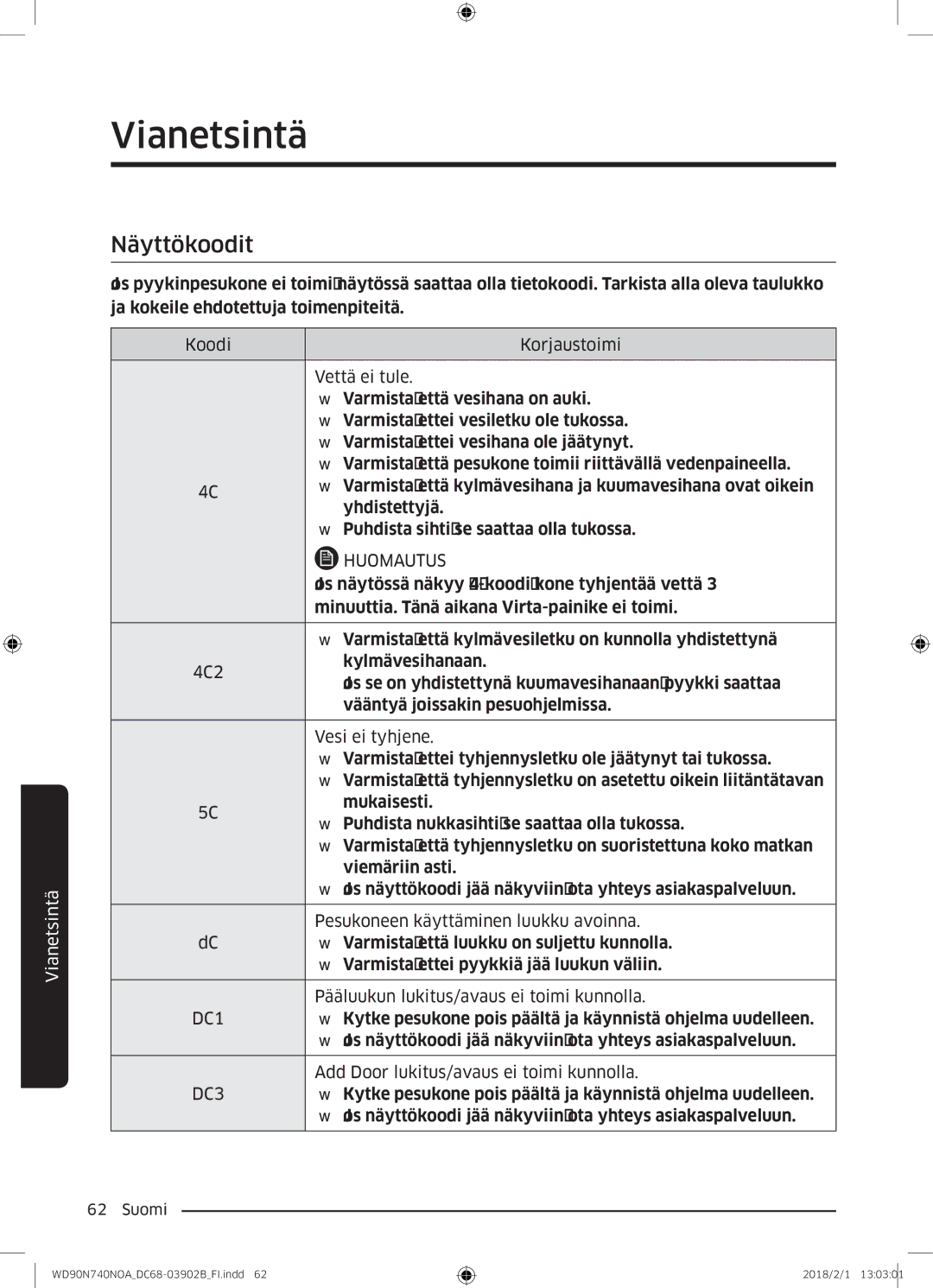 Samsung WD90N740NOA/EE manual Näyttökoodit, Huomautus 