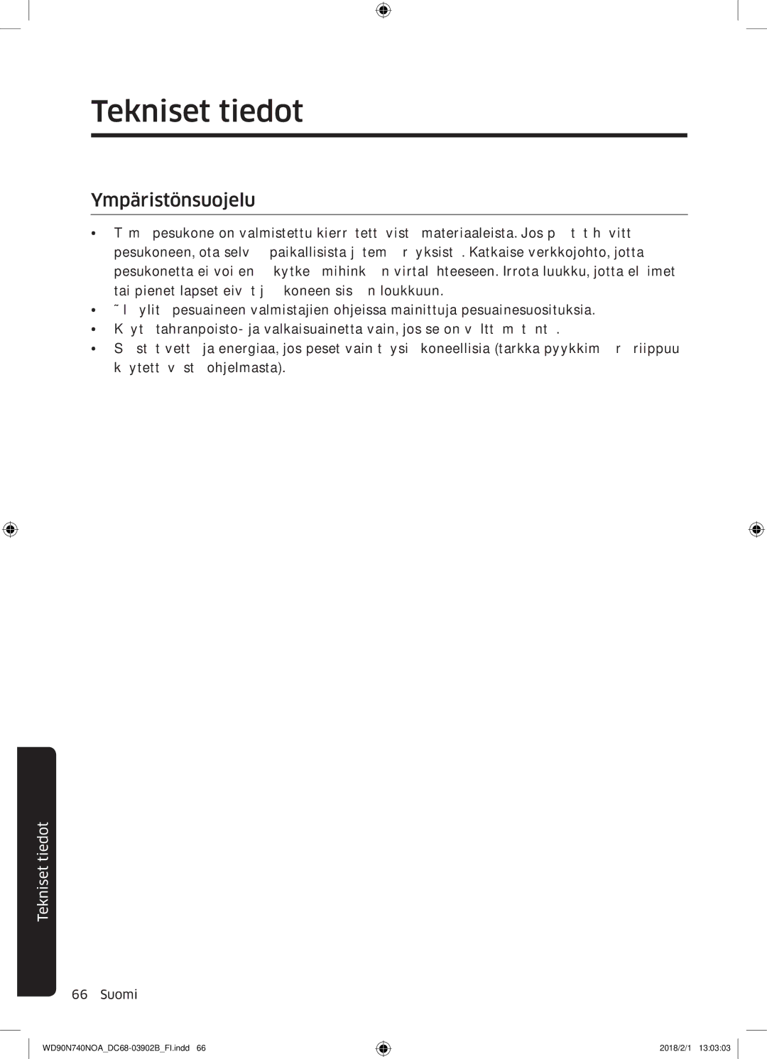 Samsung WD90N740NOA/EE manual Tekniset tiedot, Ympäristönsuojelu 