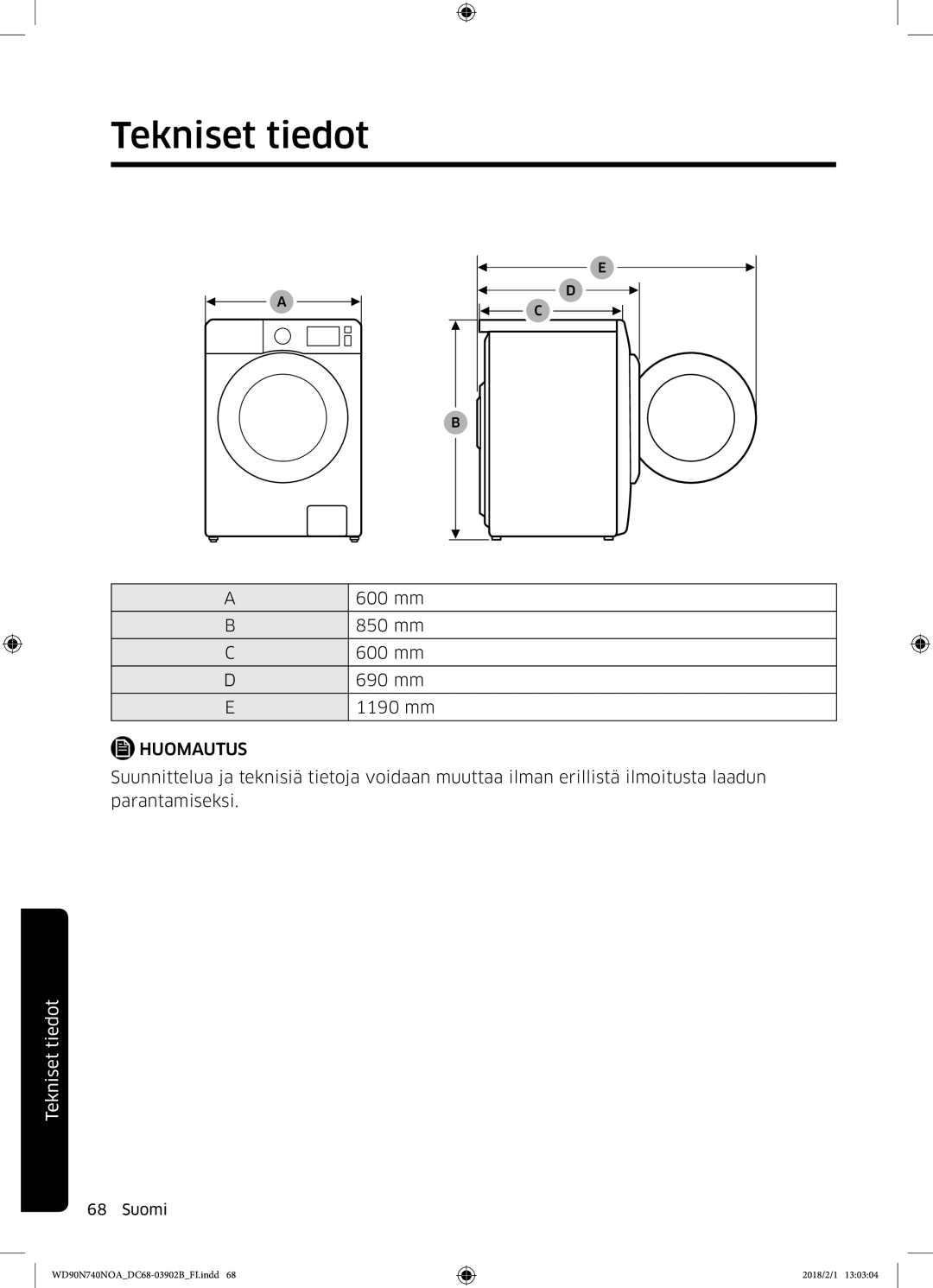 Samsung WD90N740NOA/EE manual 600 mm 