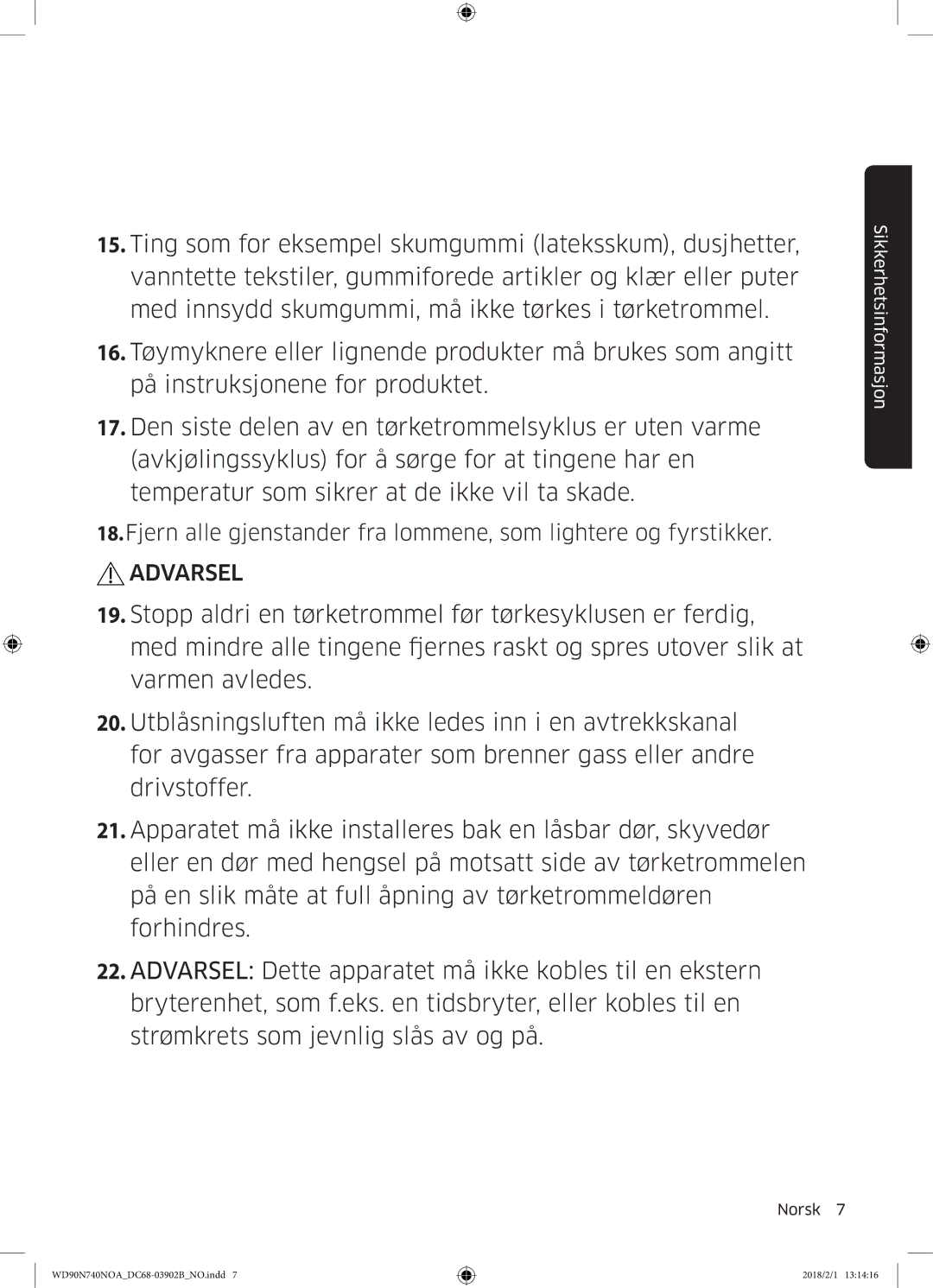 Samsung WD90N740NOA/EE manual Sikkerhetsinformasjon 