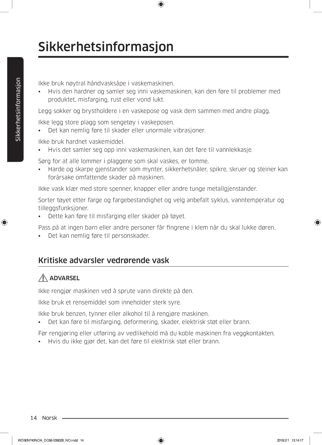 Samsung WD90N740NOA/EE manual Kritiske advarsler vedrørende vask 