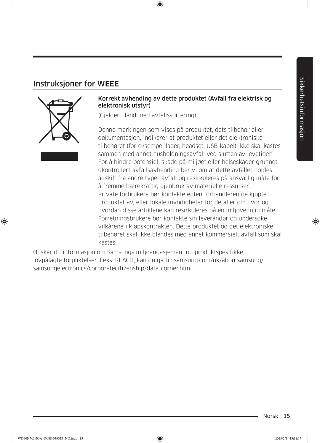 Samsung WD90N740NOA/EE manual Instruksjoner for Weee 