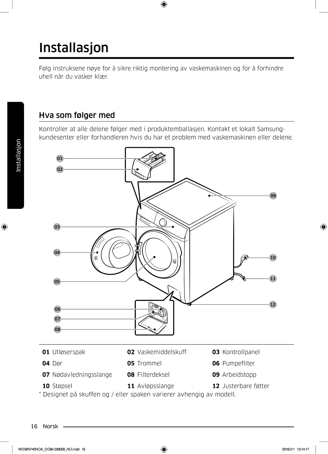 Samsung WD90N740NOA/EE manual Installasjon, Hva som følger med 