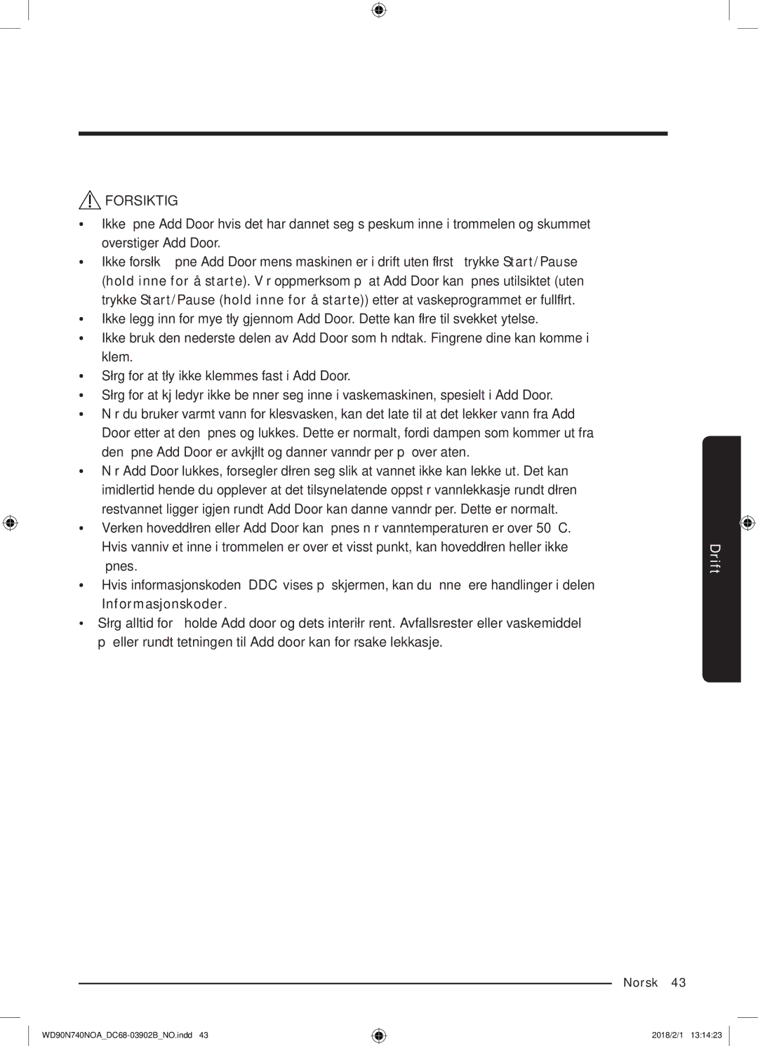 Samsung WD90N740NOA/EE manual Forsiktig 