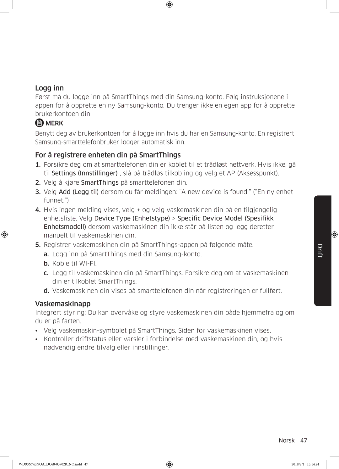 Samsung WD90N740NOA/EE manual Logg inn, For å registrere enheten din på SmartThings, Vaskemaskinapp 