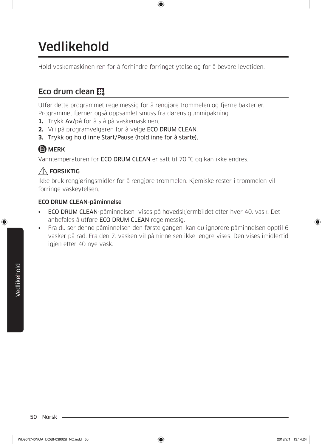 Samsung WD90N740NOA/EE manual Vedlikehold, Eco drum clean 