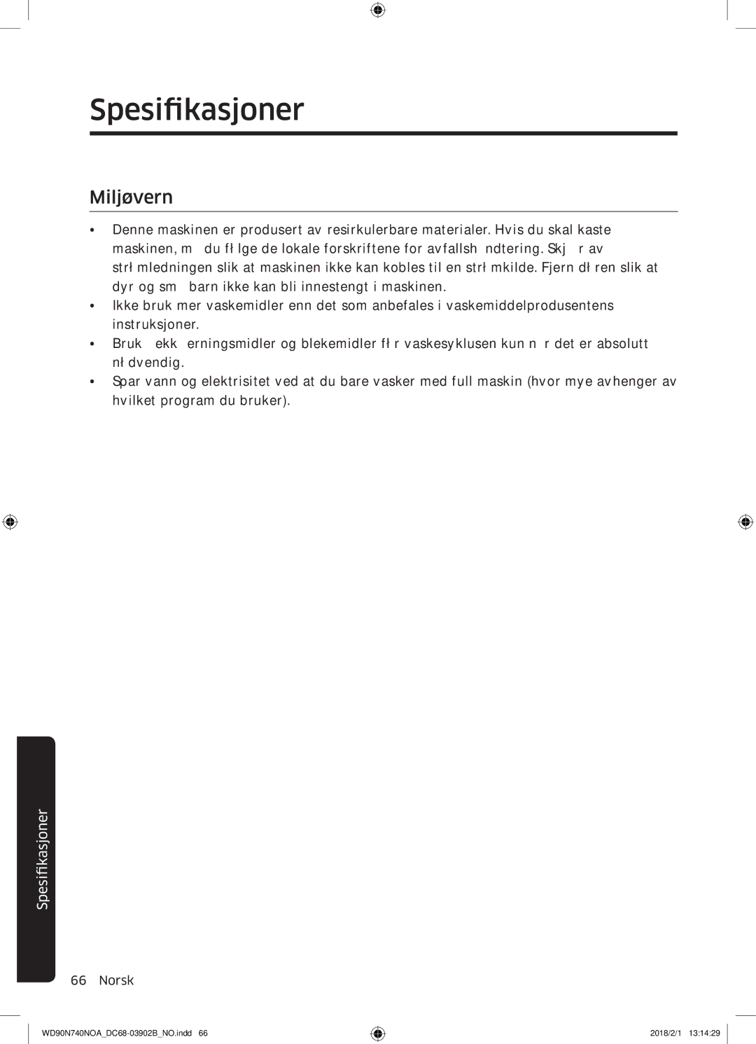 Samsung WD90N740NOA/EE manual Spesifikasjoner, Miljøvern 