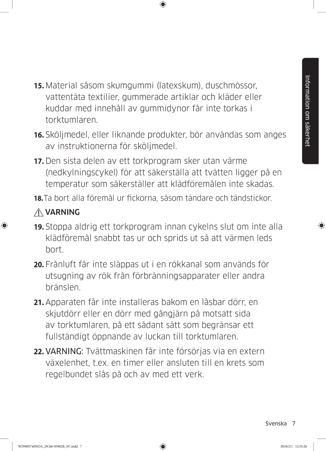 Samsung WD90N740NOA/EE manual Varning 