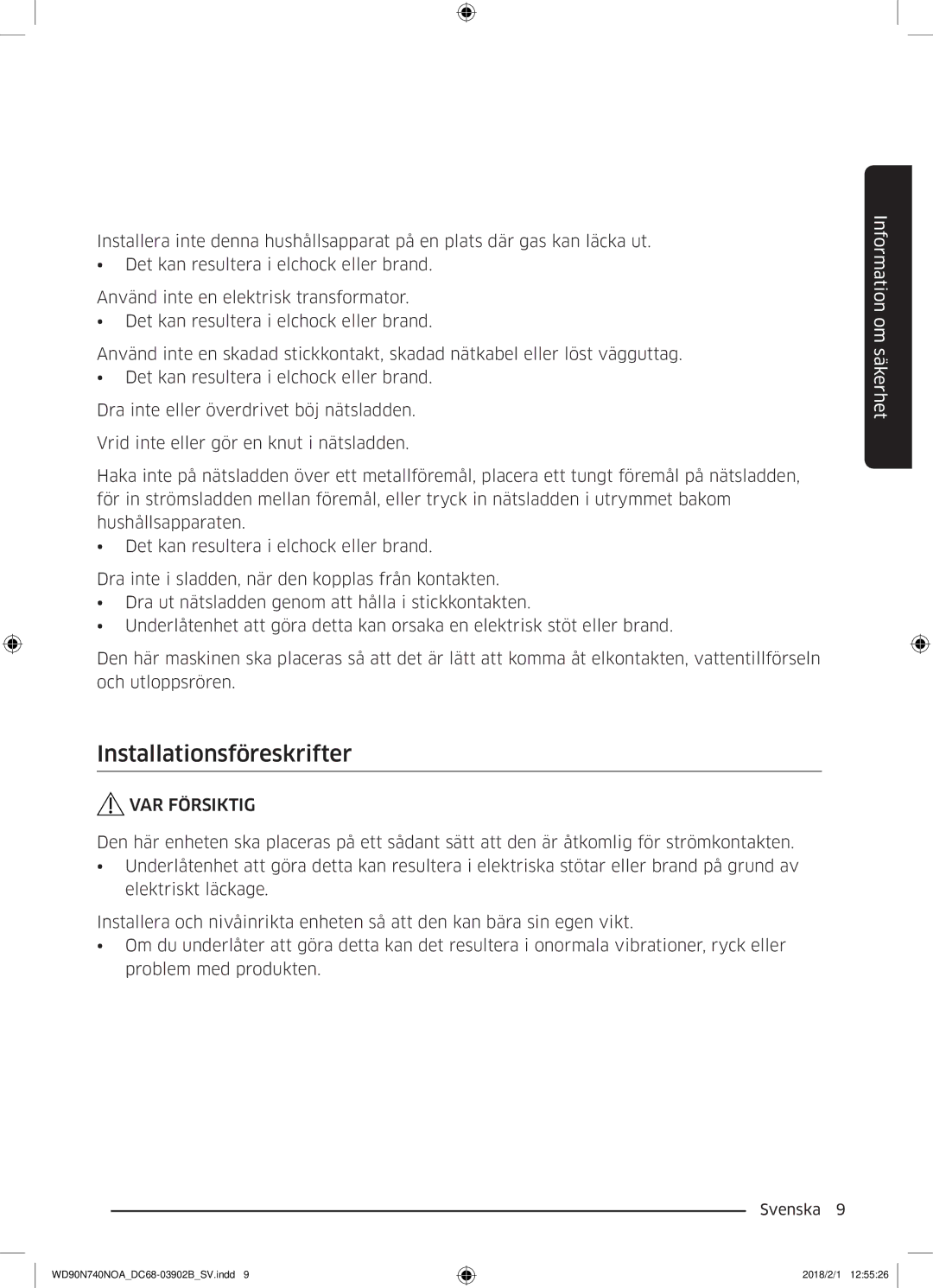 Samsung WD90N740NOA/EE manual Installationsföreskrifter, VAR Försiktig 