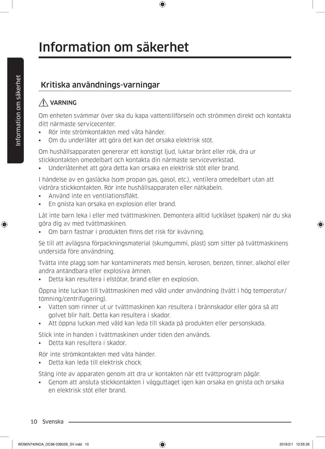 Samsung WD90N740NOA/EE manual Kritiska användnings-varningar 