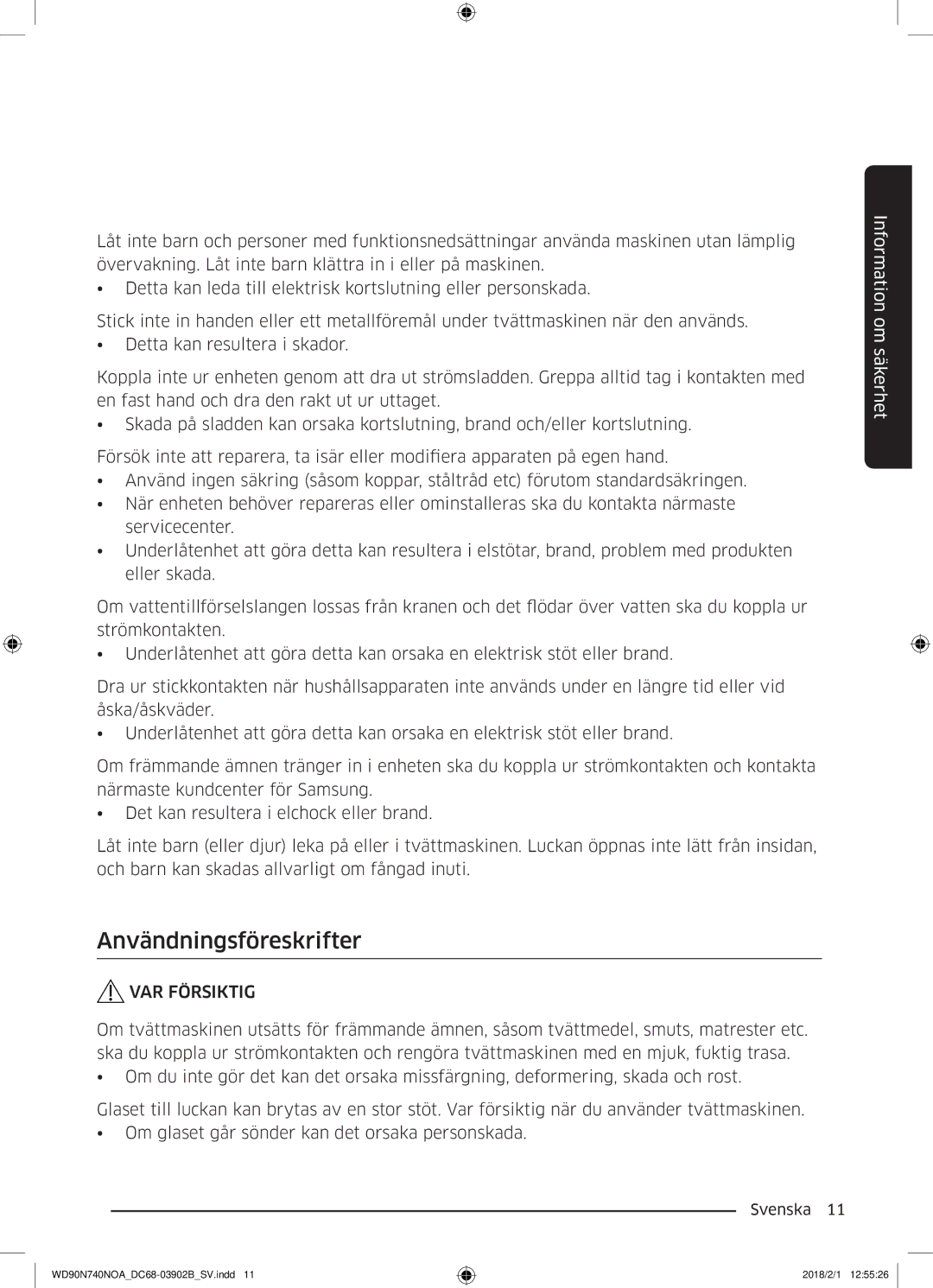 Samsung WD90N740NOA/EE manual Användningsföreskrifter 