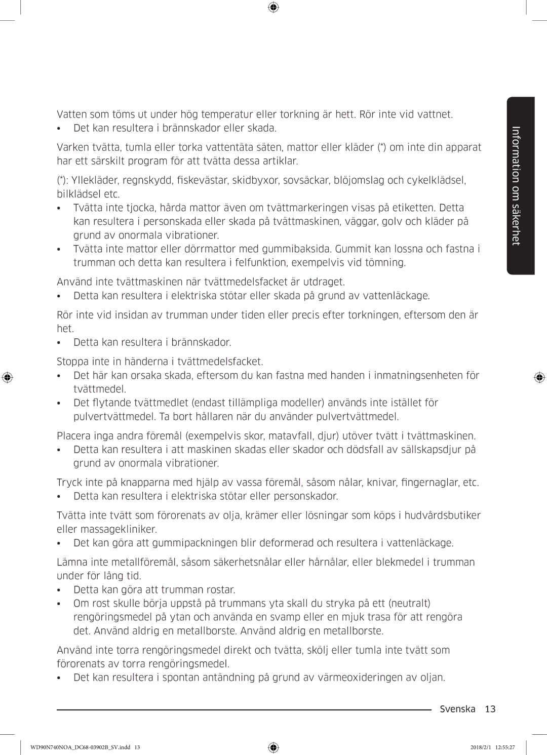 Samsung WD90N740NOA/EE manual Information om säkerhet 