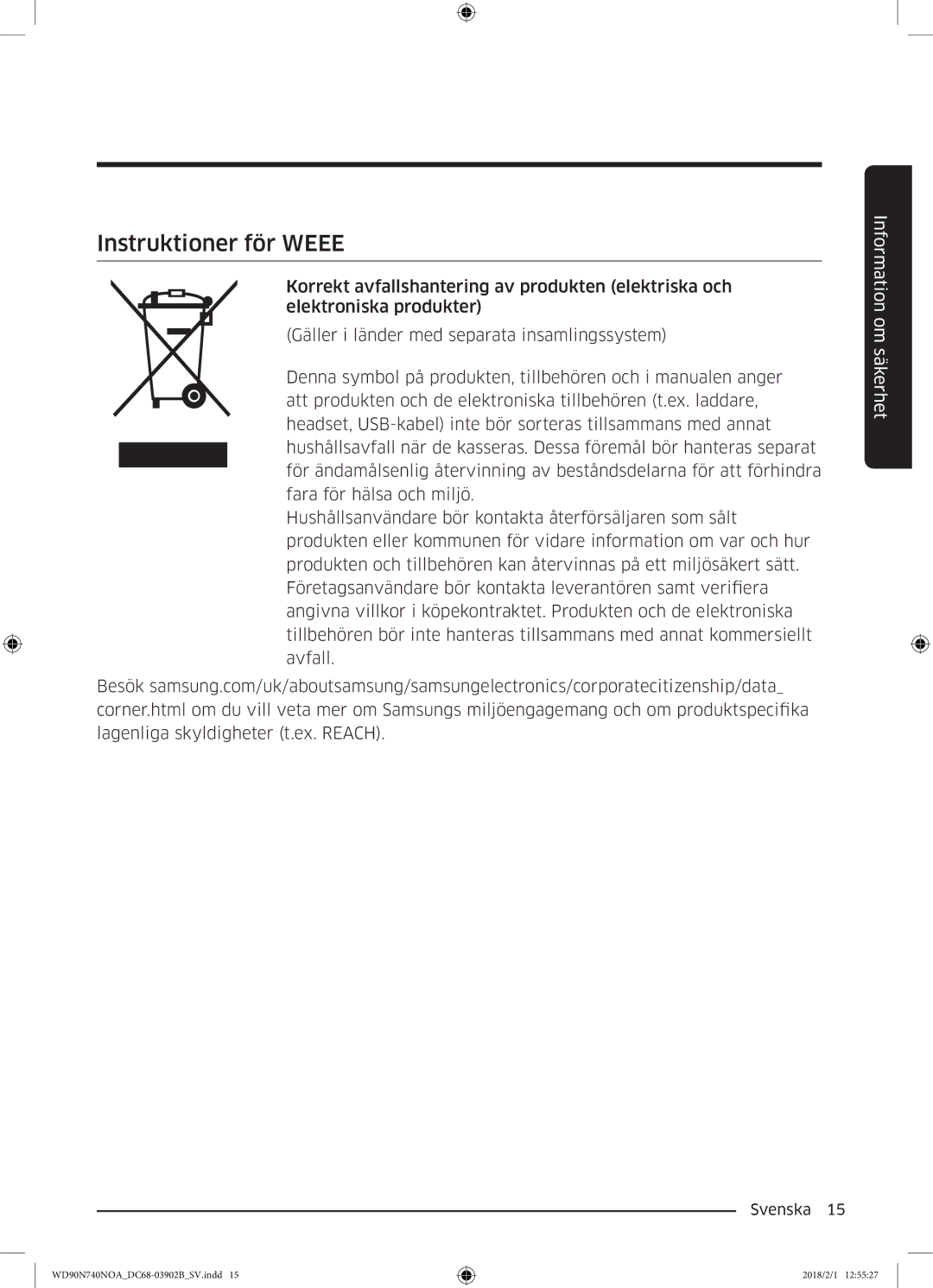 Samsung WD90N740NOA/EE manual Instruktioner för Weee 