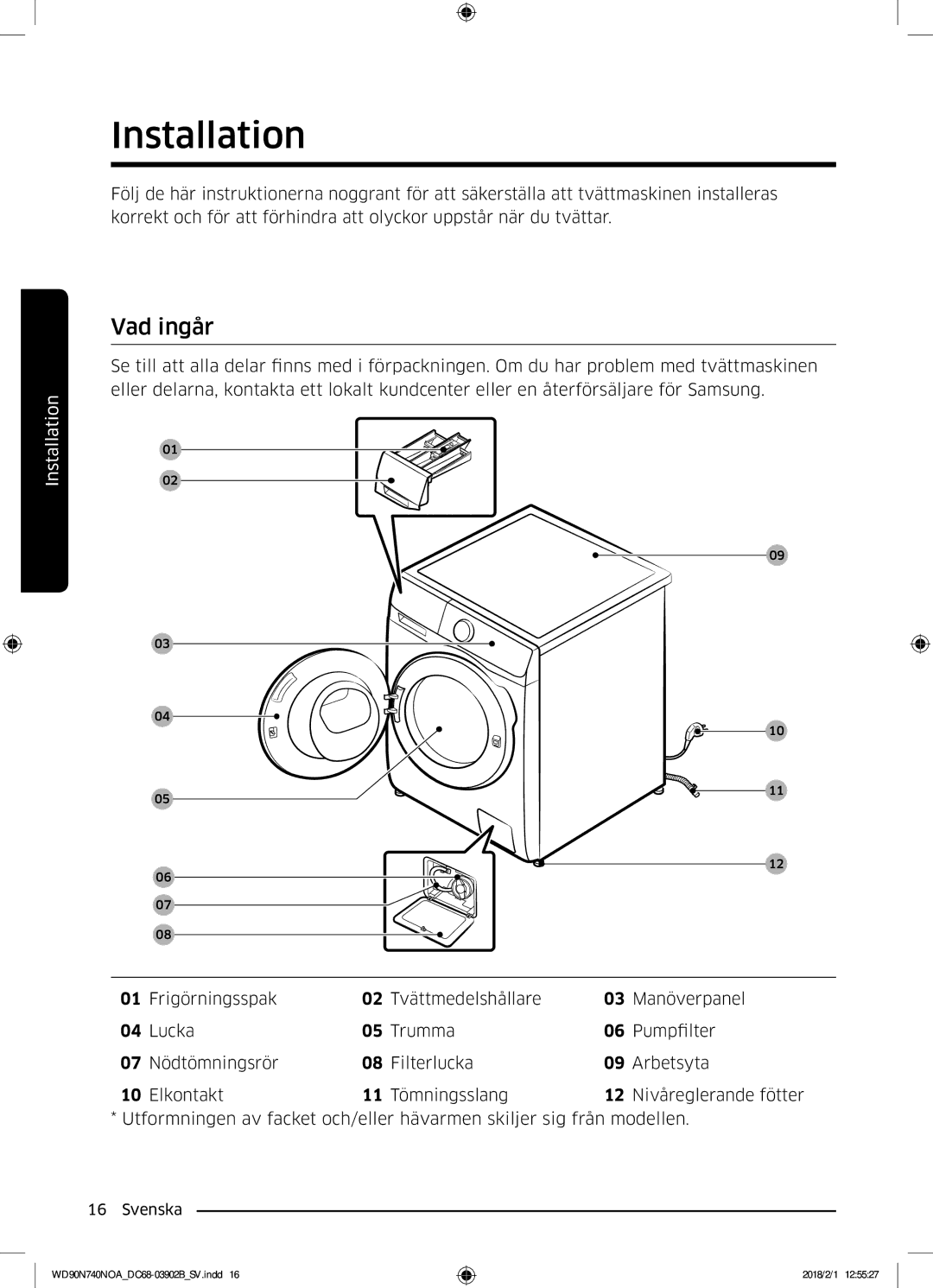 Samsung WD90N740NOA/EE manual Installation, Vad ingår 