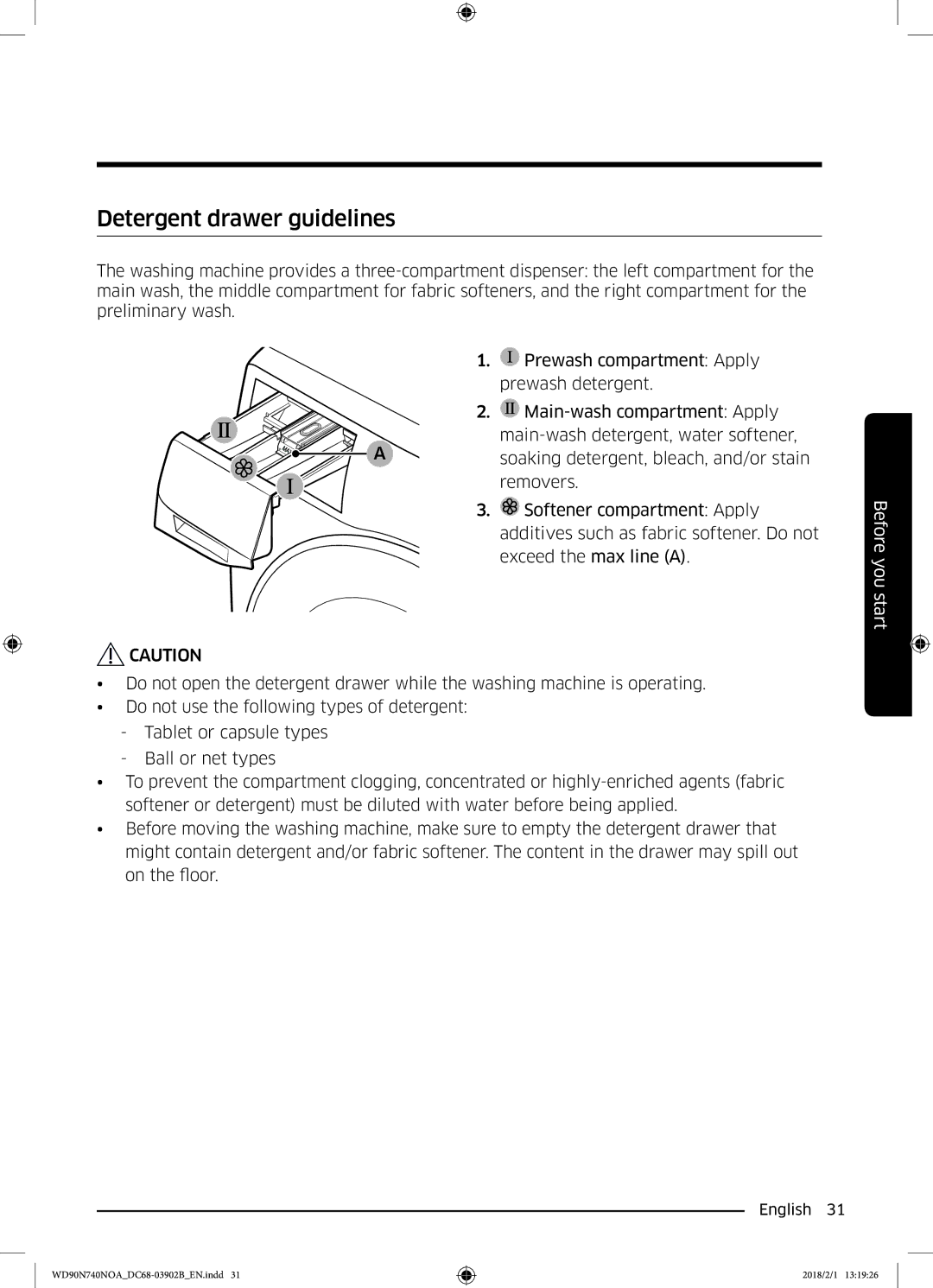 Samsung WD90N740NOA/EE manual Detergent drawer guidelines 