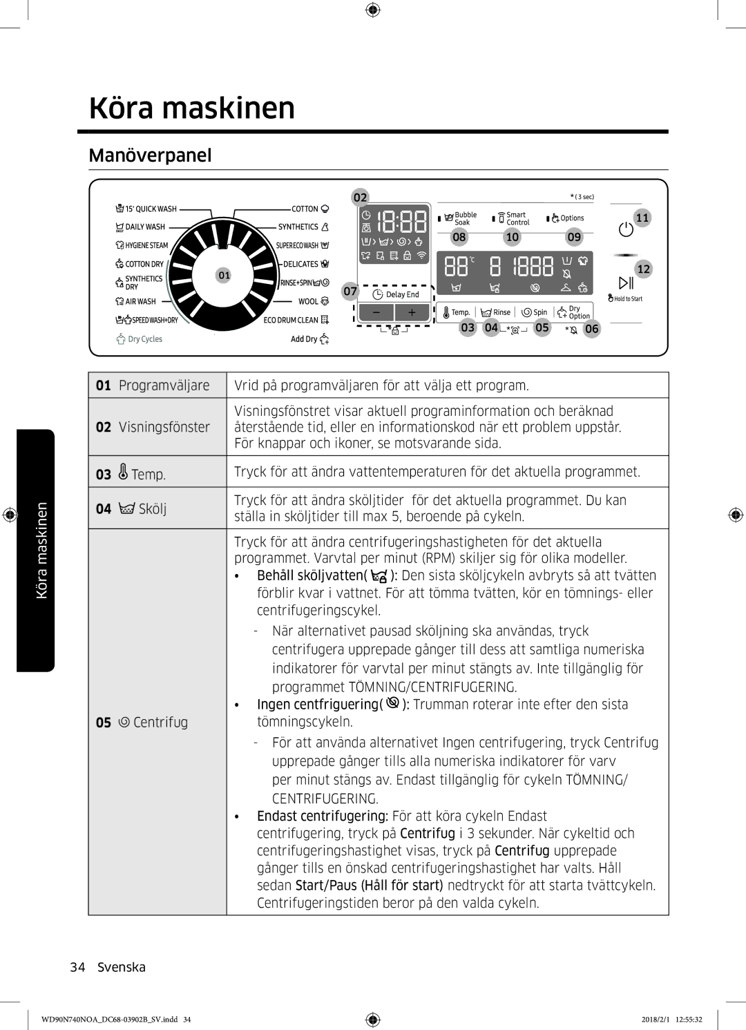 Samsung WD90N740NOA/EE manual Köra maskinen, Manöverpanel 