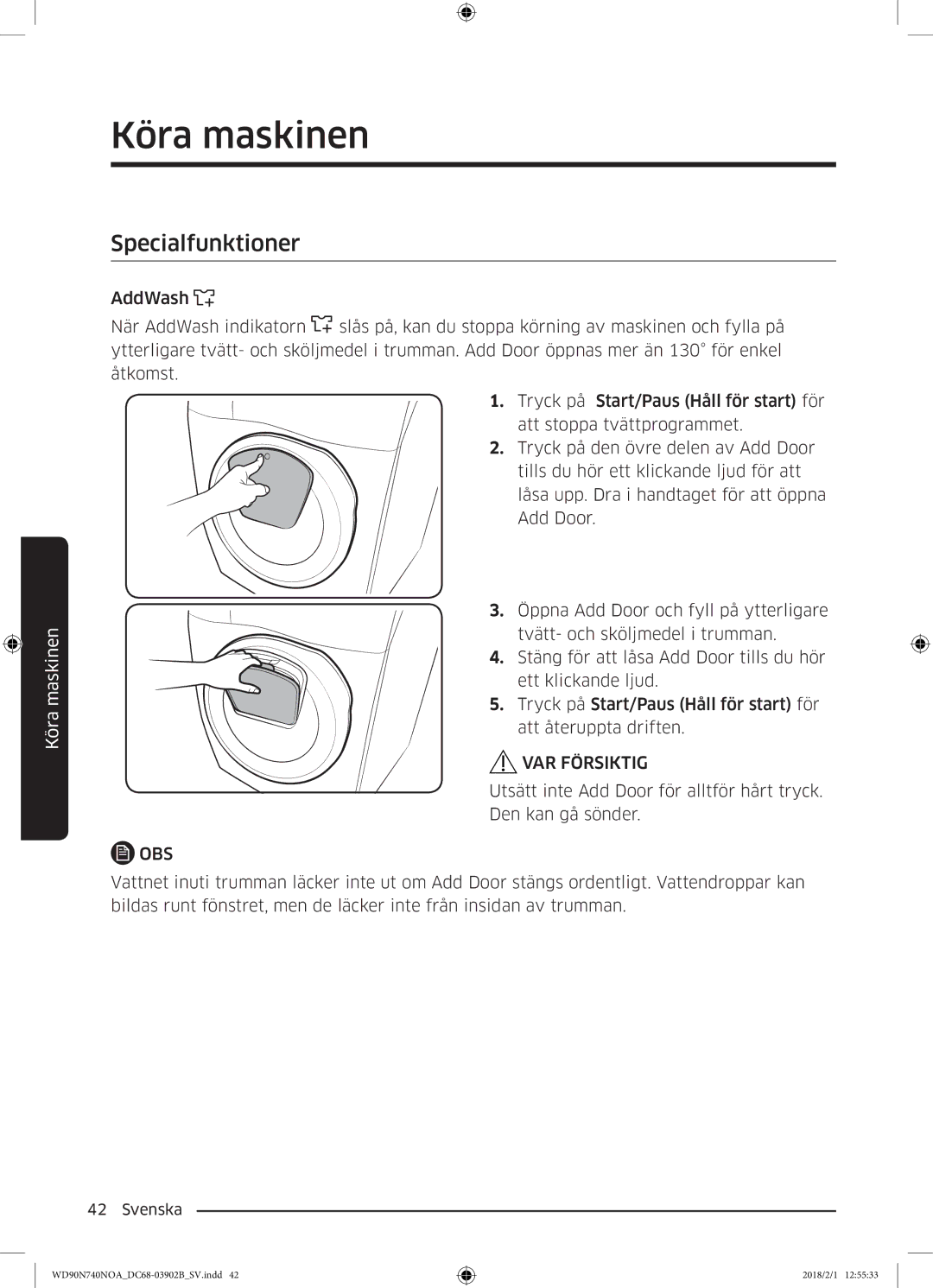 Samsung WD90N740NOA/EE manual Specialfunktioner, VAR Försiktig 