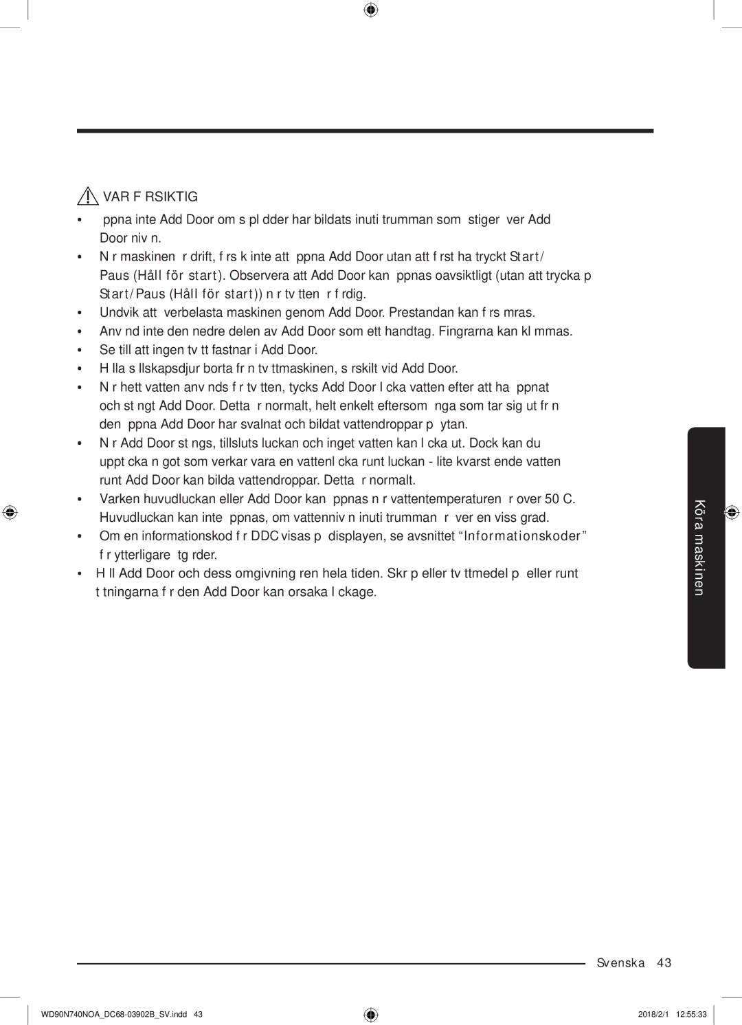 Samsung WD90N740NOA/EE manual VAR Försiktig 