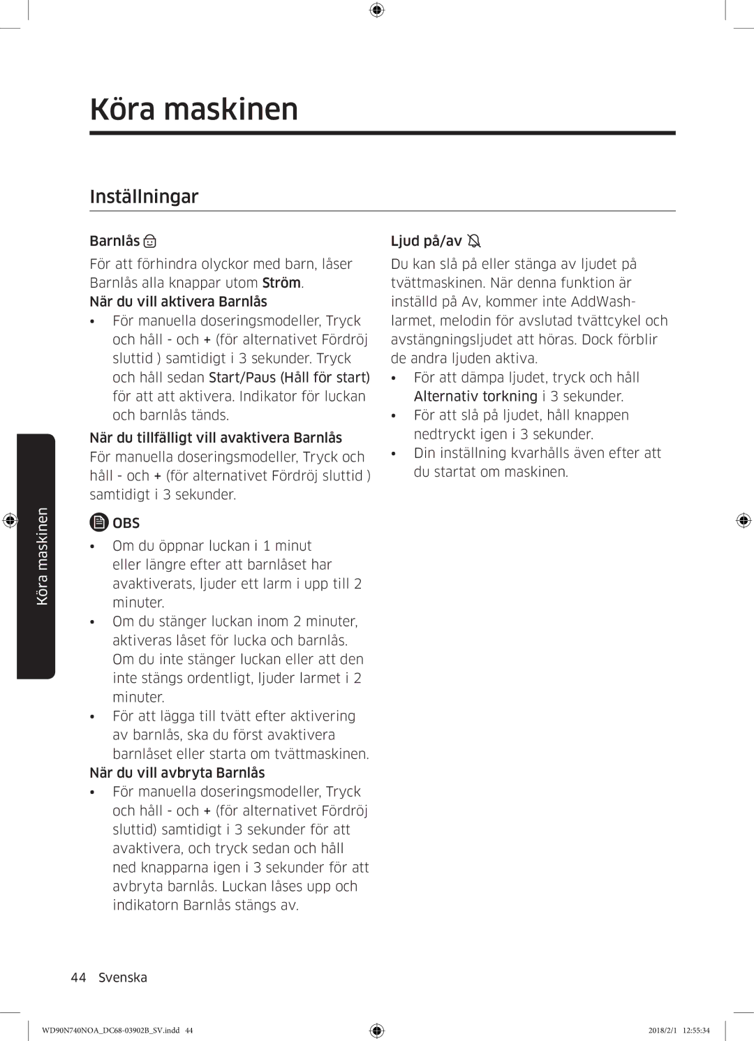 Samsung WD90N740NOA/EE manual Inställningar 