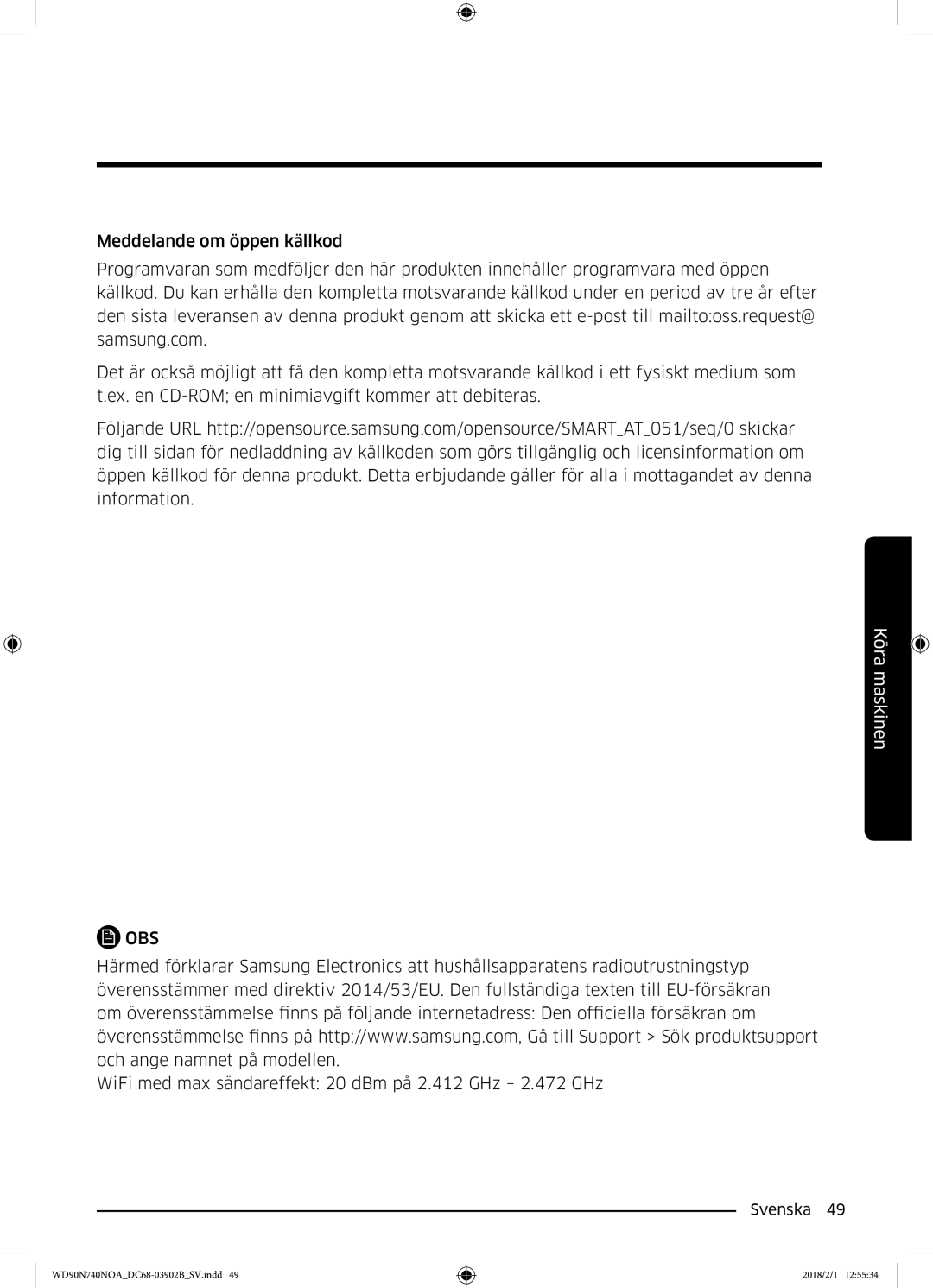 Samsung WD90N740NOA/EE manual WiFi med max sändareffekt 20 dBm på 2.412 GHz 2.472 GHz 