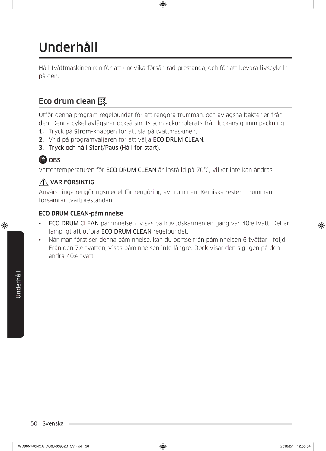 Samsung WD90N740NOA/EE manual Underhåll, Eco drum clean 