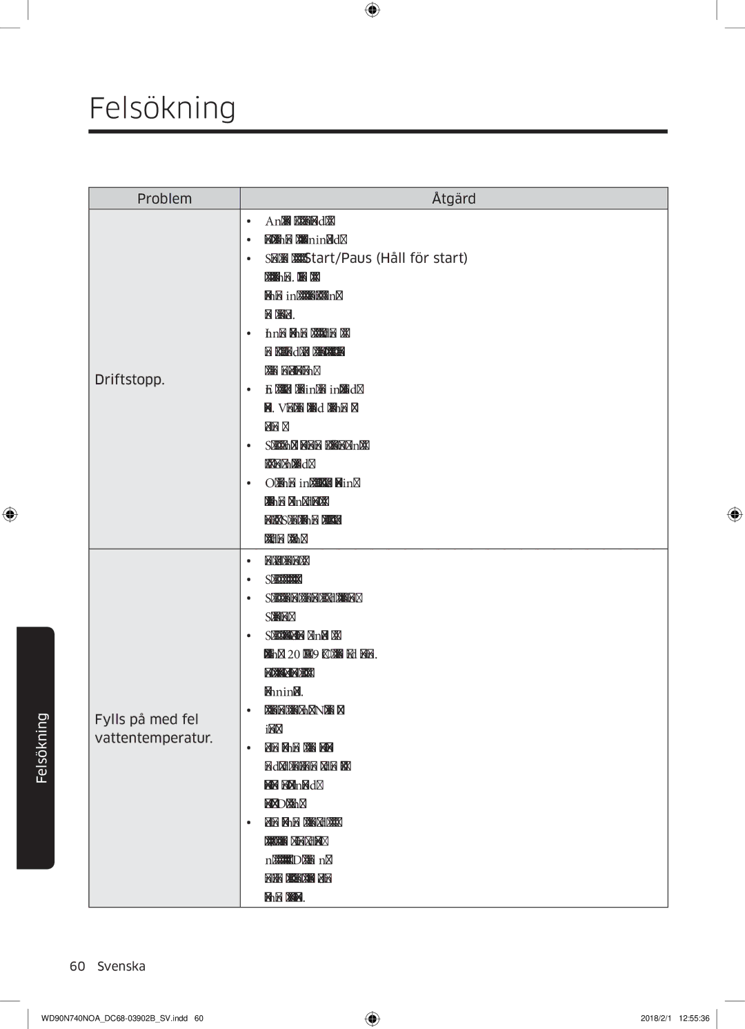 Samsung WD90N740NOA/EE manual Felsökning 