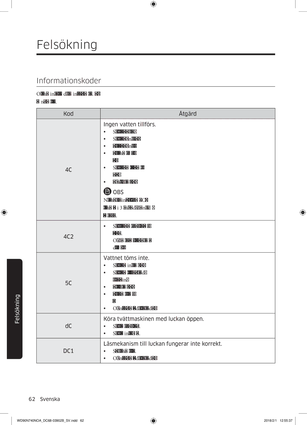 Samsung WD90N740NOA/EE manual När tvättmaskinens visningsfönster visar koden 4C 