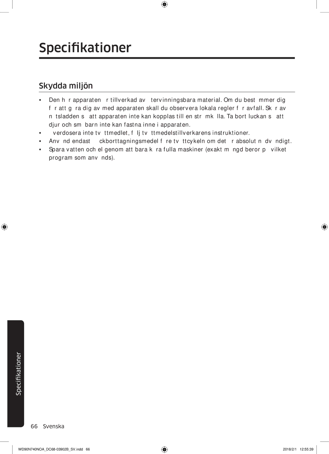 Samsung WD90N740NOA/EE manual Specifikationer, Skydda miljön 