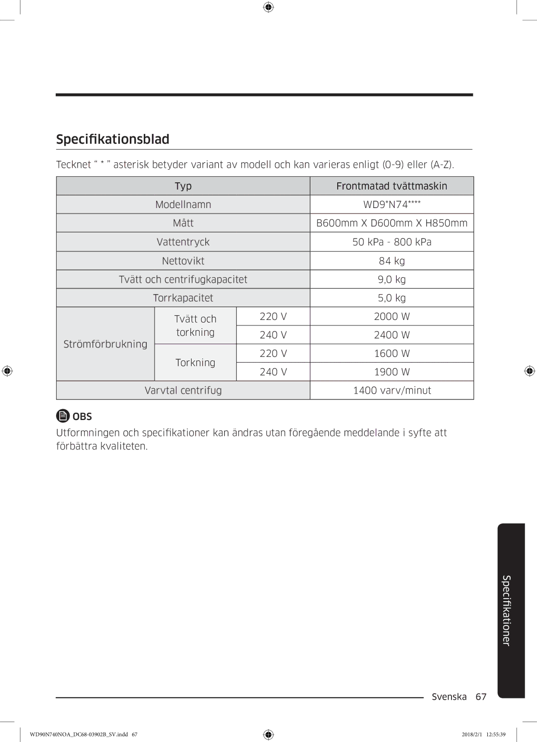 Samsung WD90N740NOA/EE manual Specifikationsblad, Obs 