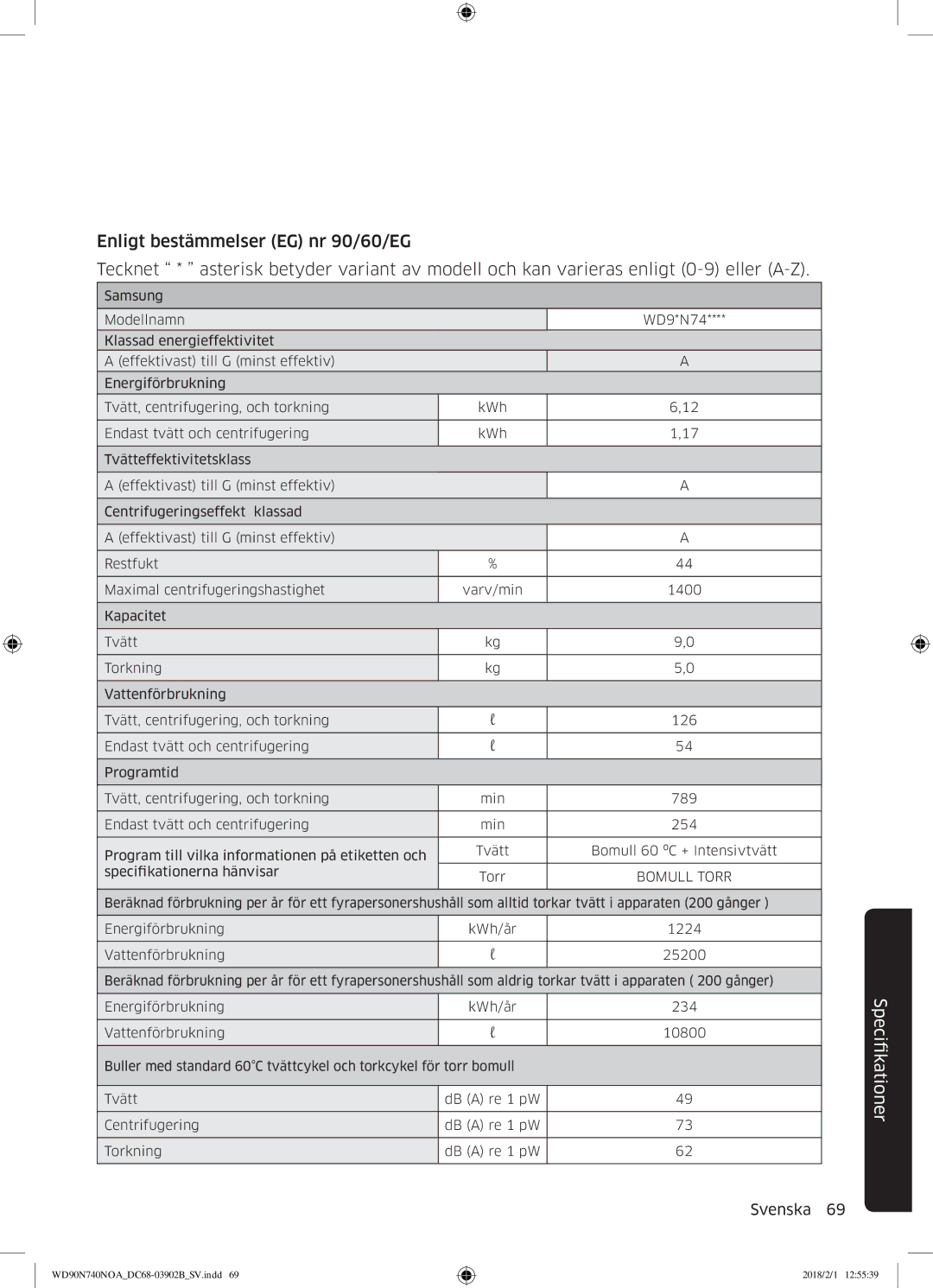 Samsung WD90N740NOA/EE manual Bomull Torr 