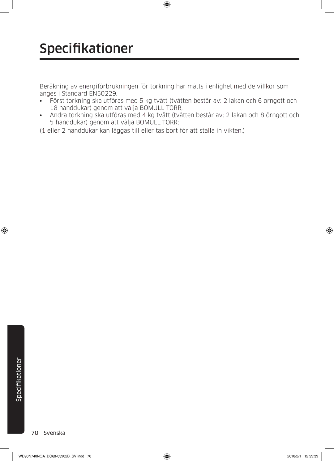 Samsung WD90N740NOA/EE manual Specifikationer 