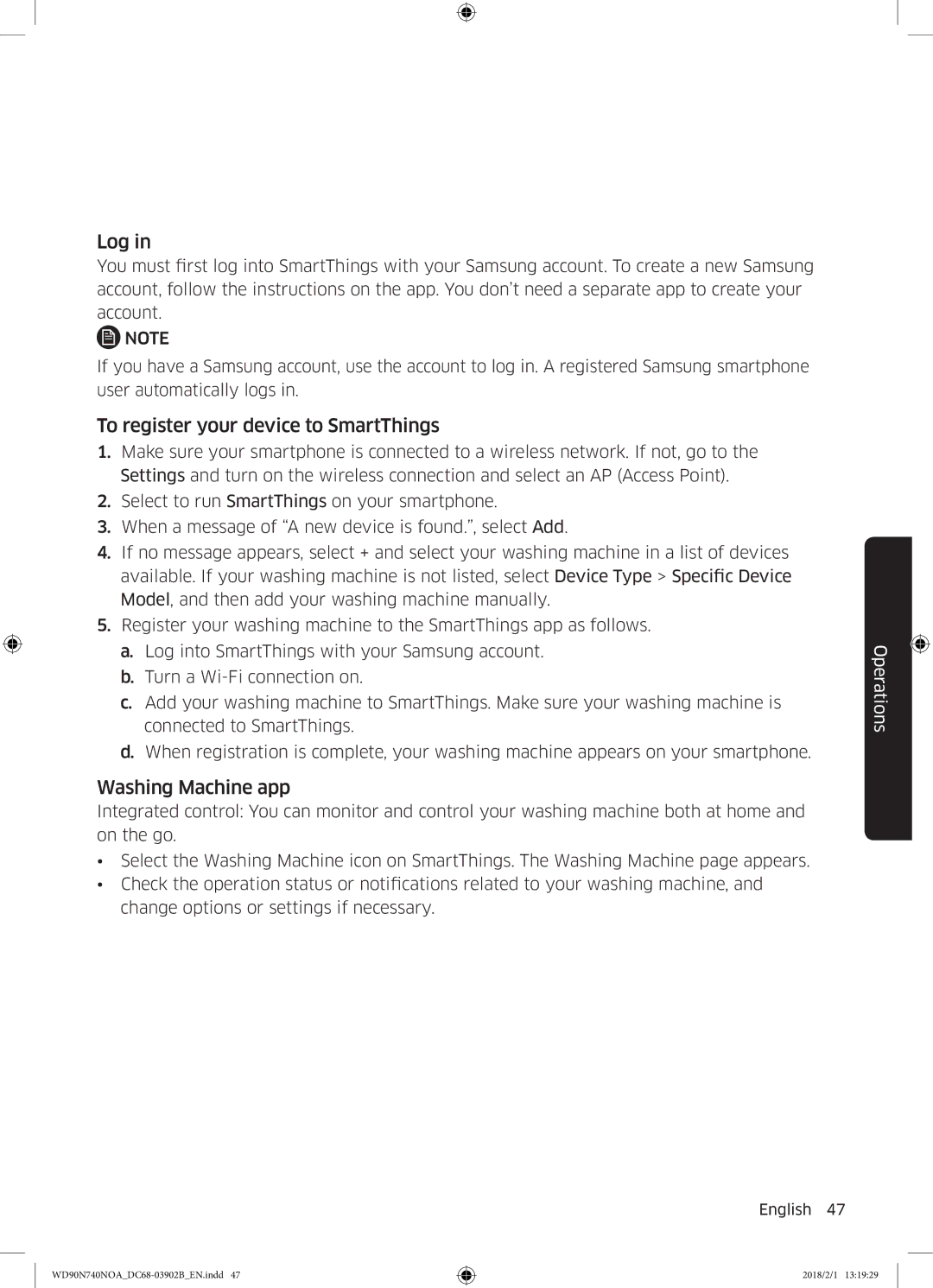 Samsung WD90N740NOA/EE manual Log, To register your device to SmartThings, Washing Machine app 