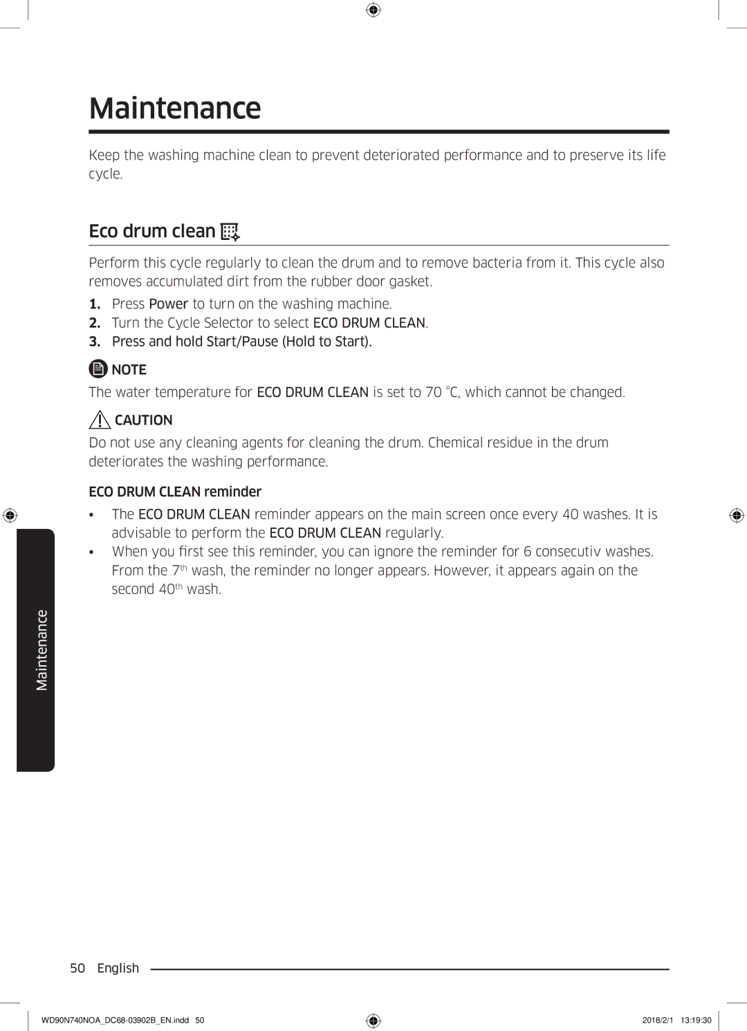 Samsung WD90N740NOA/EE manual Maintenance, Eco drum clean 