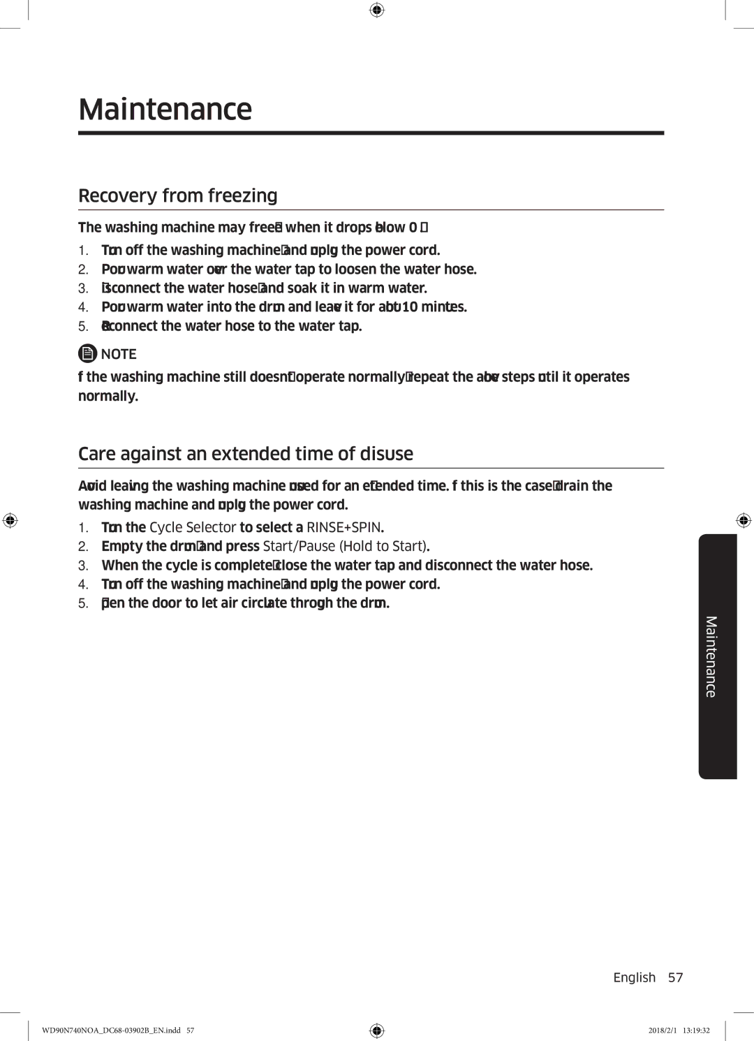 Samsung WD90N740NOA/EE manual Recovery from freezing, Care against an extended time of disuse 