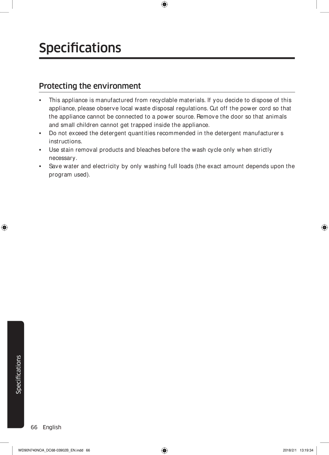 Samsung WD90N740NOA/EE manual Specifications, Protecting the environment 