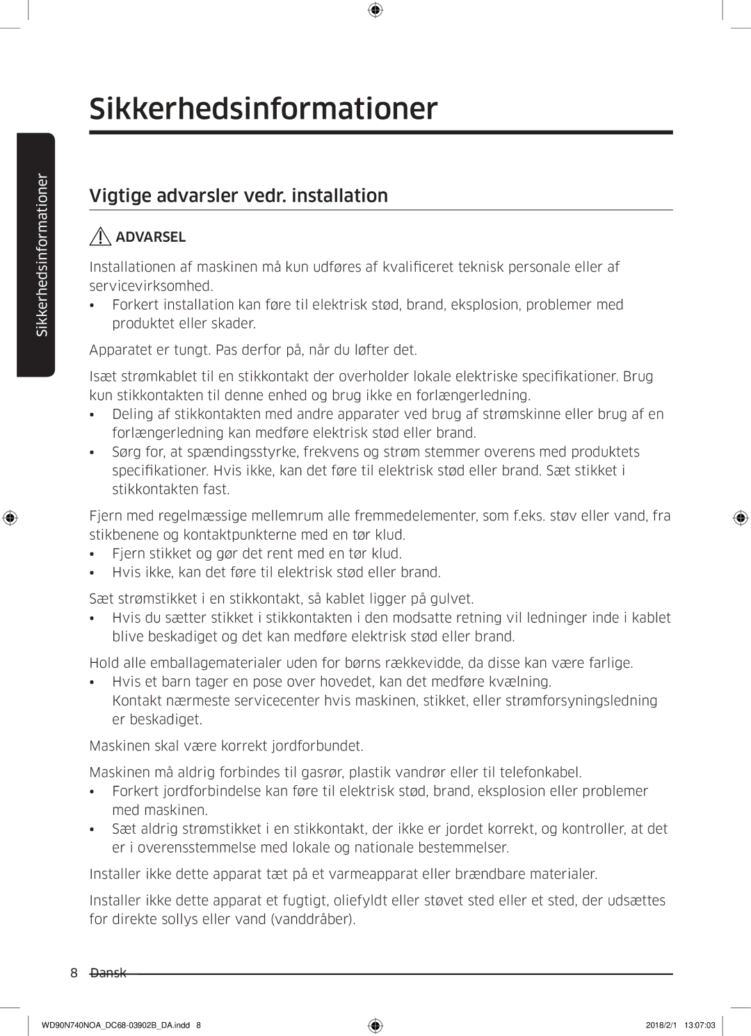 Samsung WD90N740NOA/EE manual Vigtige advarsler vedr. installation 