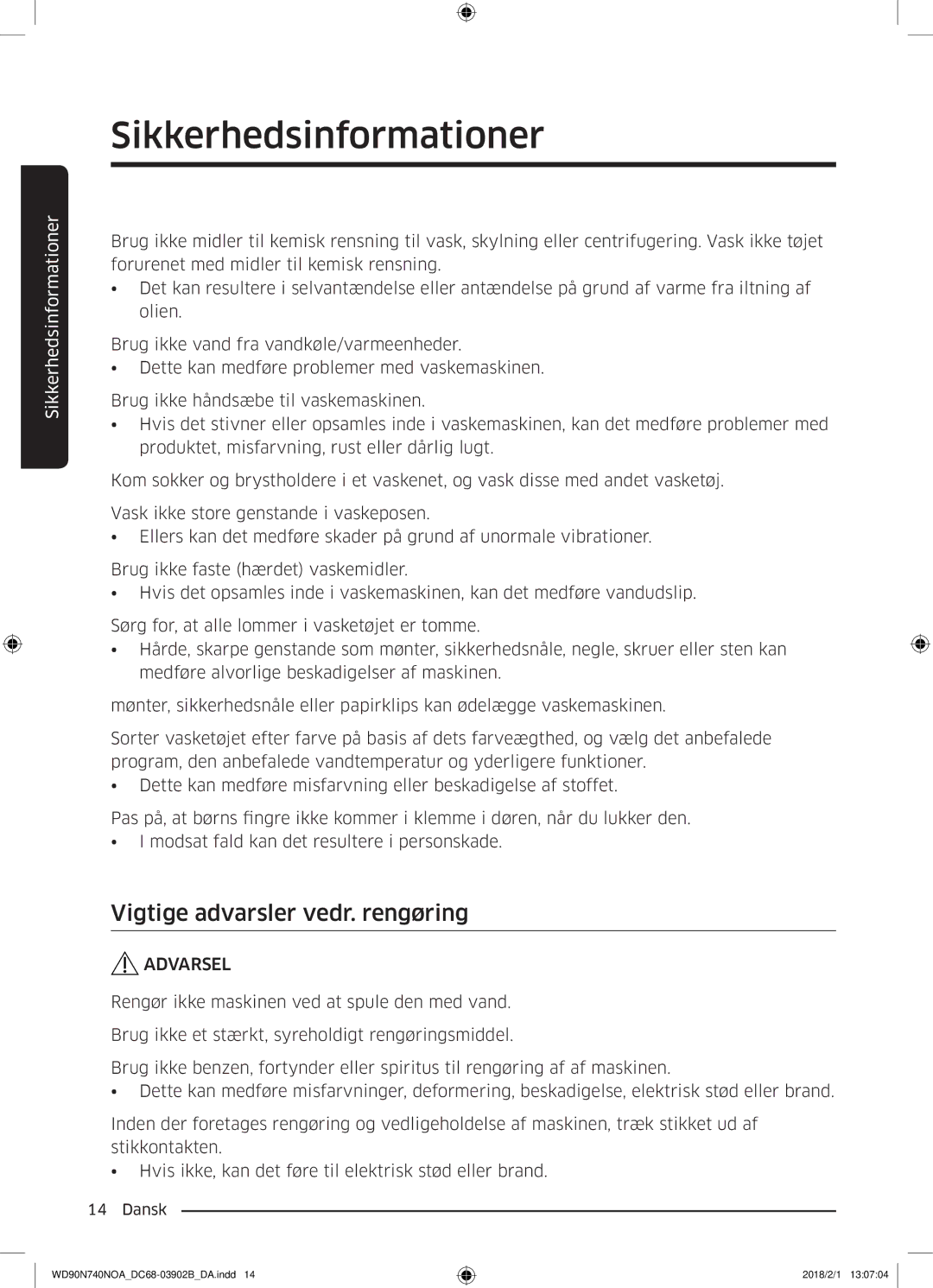 Samsung WD90N740NOA/EE manual Vigtige advarsler vedr. rengøring 