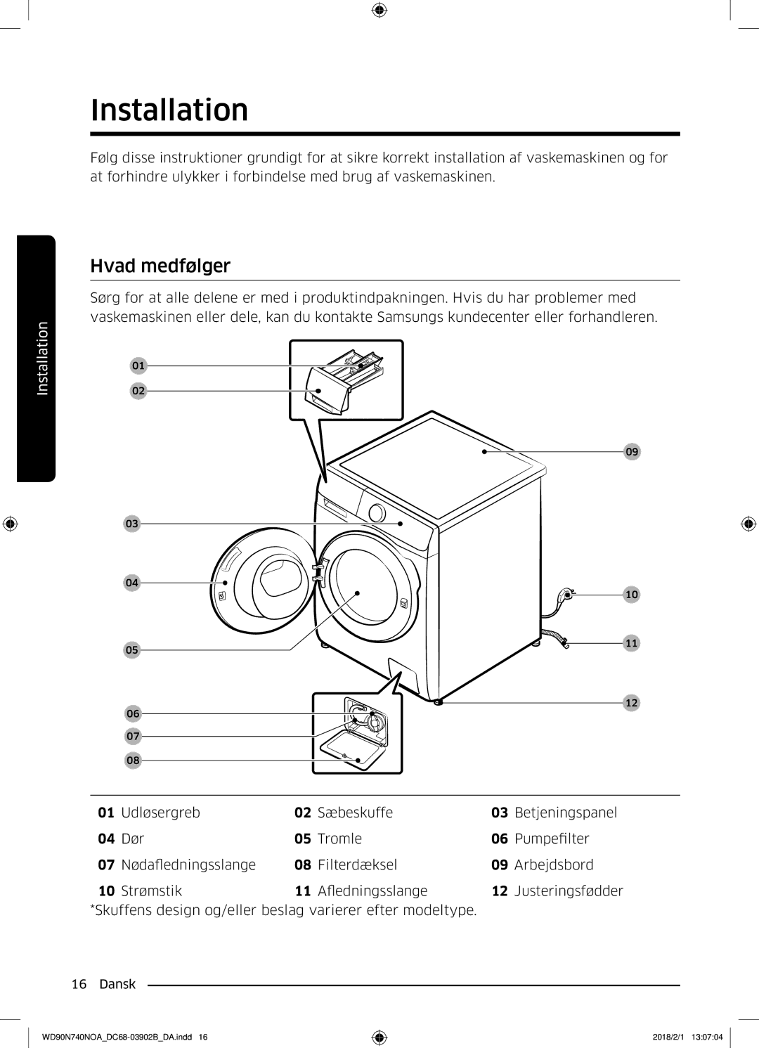 Samsung WD90N740NOA/EE manual Installation, Hvad medfølger 